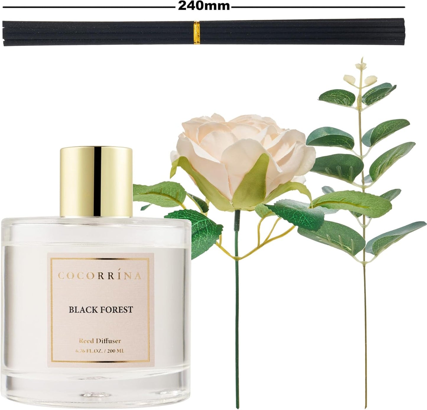 Cocorrina Reed Diffuser Set, Flower Reed Diffuser Black Forest 6.7 oz, Scented Diffuser with Sticks Home Fragrance Essential Oil for Bathroom Shelf Decor, Living Room, Large Room, 1pack