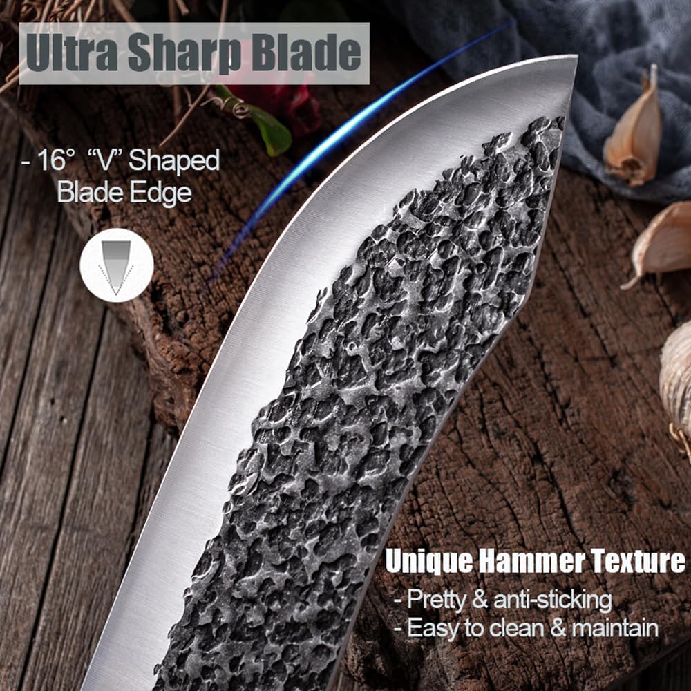 ROCOCO Butcher Knife for Meat Cutting Hand Forged 7" Sharp Full Tang Kitchen Meat Cleaver Cooking Knives for Home Outdoor Camping BBQ Christmas Father's Day Gift Idea Men