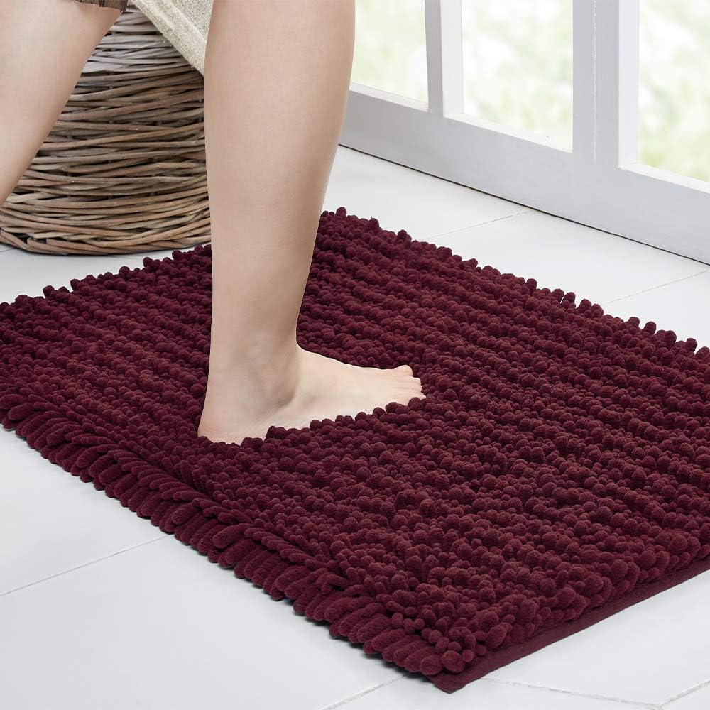 Walensee Bathroom Rug Non Slip Bath Mat (32x20 Inch Burgundy) Water Absorbent Super Soft Shaggy Chenille Machine Washable Dry Extra Thick Perfect Absorbant Best Large Plush Carpet for Shower Floor
