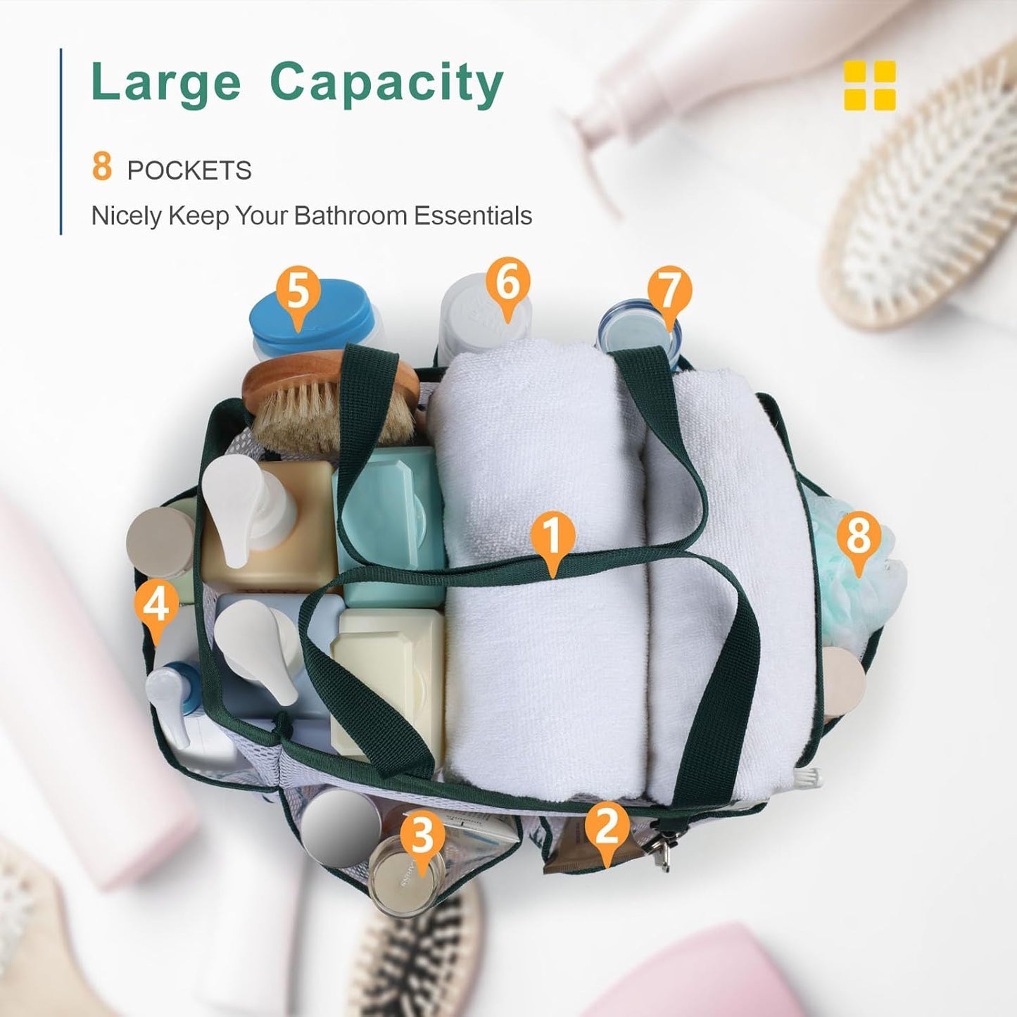 F-color Shower Caddy Portable - Mesh Shower Bag Basket Tote for College Dorm Room Essentials Bathroom Gym Camp Quick Dry for Women Men with S Hook, Green Pineapple