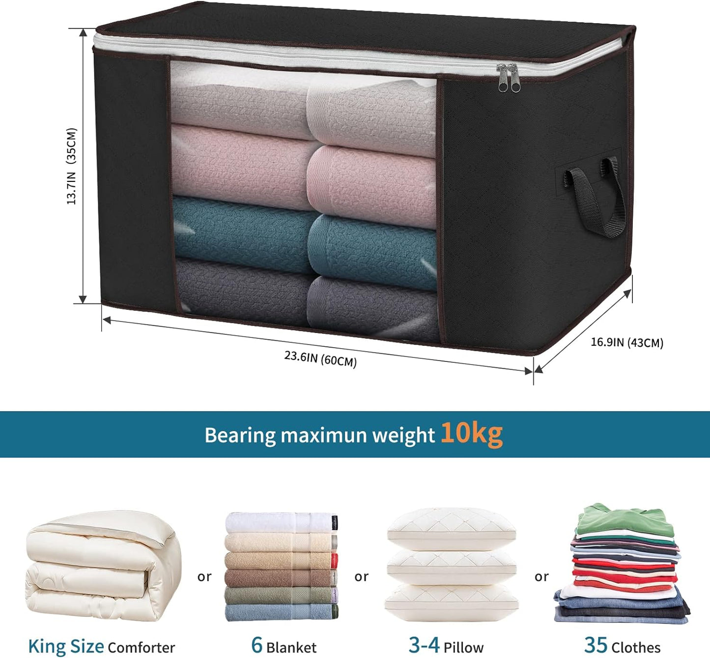 Large Storage Bags, 6 Pack Clothes Storage Bins Foldable Closet Organizers Storage Containers with Durable Handles Thick Fabric for Blanket Comforter Clothing Bedding 90 L (Black)
