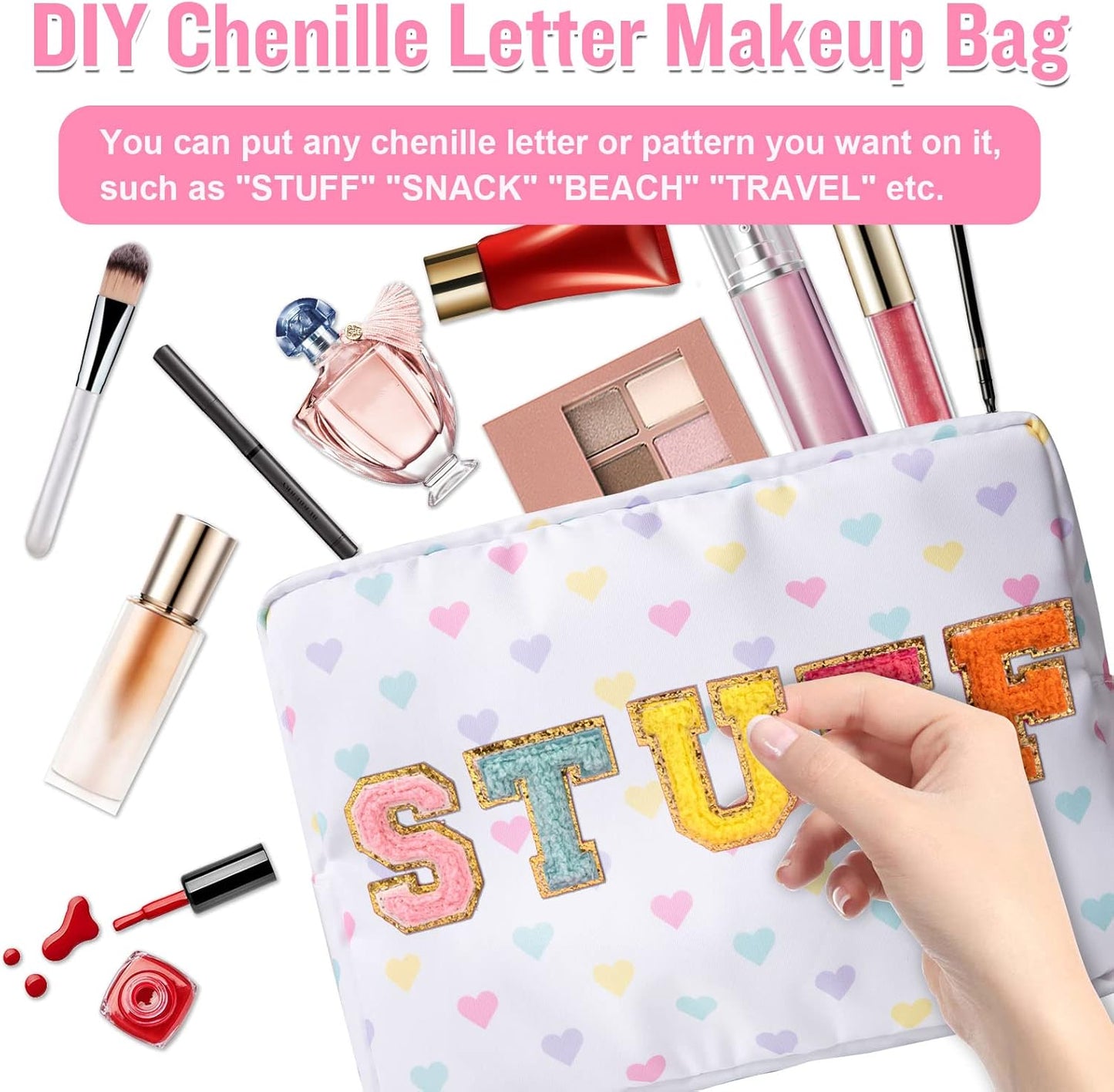 Nylon Large Makeup Bag Travel Cosmetic Bag Pouch, Big Preppy Makeup Bag Cute Cosmetic Zipper Pouch Purse, Waterproof Toiletry Bag Clutch Makeup Organizer Travel Essentials for Women Girl(White-Heart)