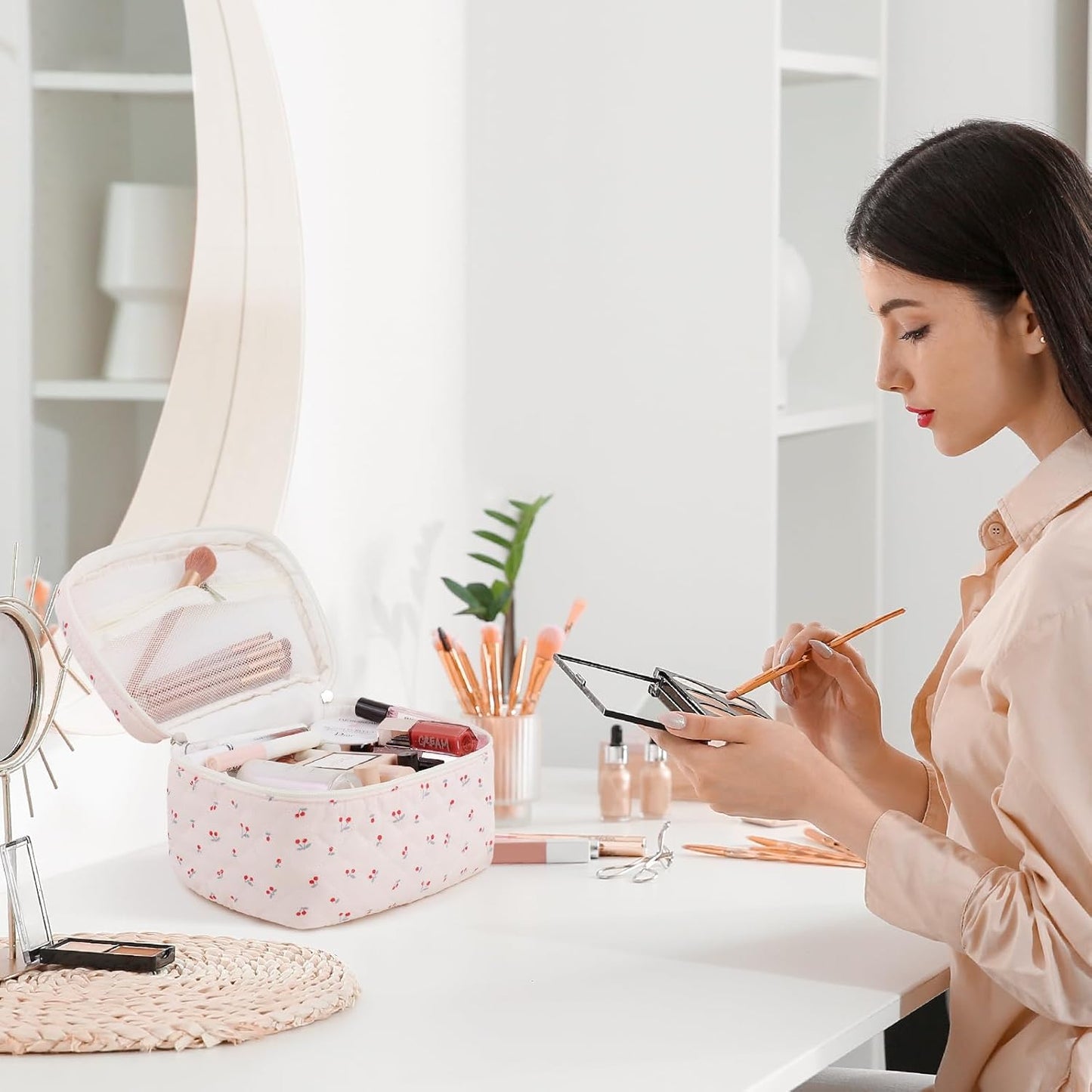 Prite Large Cosmetic Bags for Women Cute Makeup Bag Floral Coquette Aesthetic Toiletry Bag Travel Make Up Organizer Bag (Cherry)