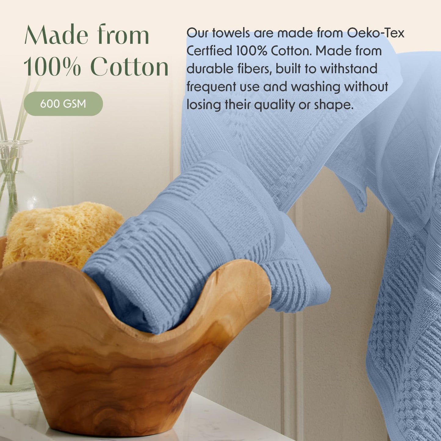 Springtree Home 100% Cotton Bathroom Towel Set | 6 Piece Set - Blue Towels | Geometric Textured Design | Absorbent & Quick-Dry | Oeko-TEX® Standard 100 Cotton | Myla Collection - Blue Cashmere