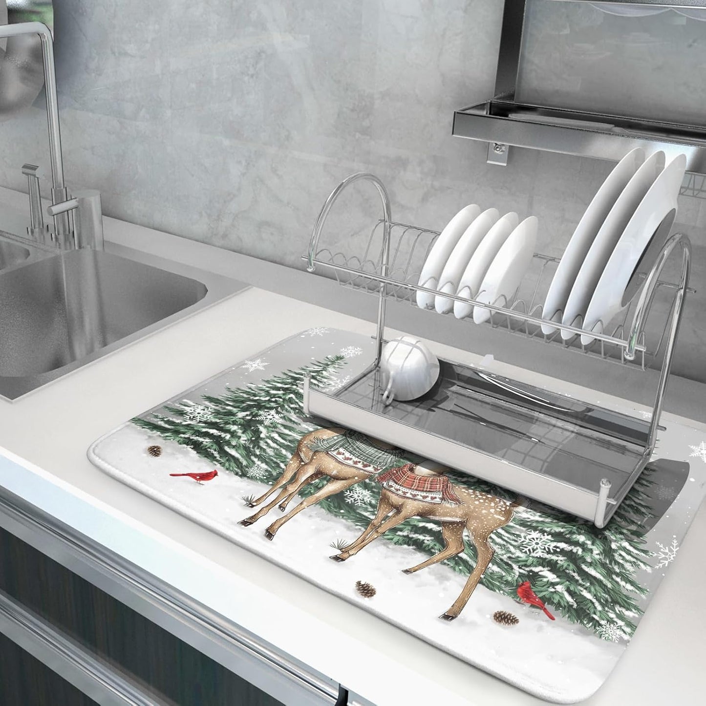 Winter Deer Dish Drying Mat Pine Tree Absorbent Dish Dry Pad Seasonal Microfiber Dish Drainer Mats for Kitchen Counter Coffee Bar 18x24 in