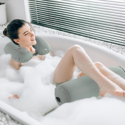 MABOZOO U-Shaped Full Body Bath Pillow for Tub 2 Pcs Inflatable Bathtub Bath Pillows with Adjustable Button for Shower, Neck Support Headrest & Leg Pillow for Relaxation Spa Soak in Bathtub