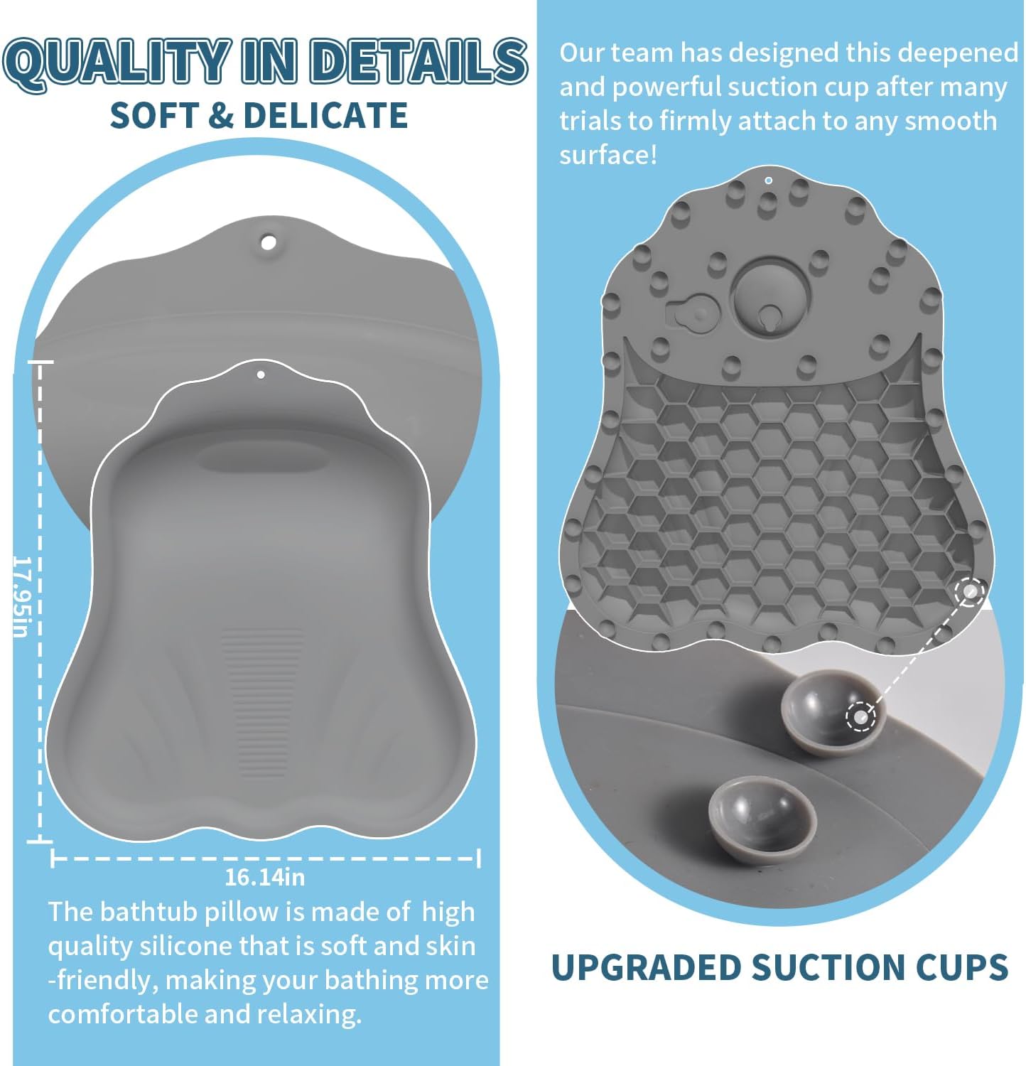 Silicone Bath Pillow for Tub – Ergonomic Bathtub Headrest with Inflatable Air Cushion, Non-Slip Suction Cups & Neck/Back Support – Comfortable Spa Bath Accessory for Relaxation (Grey)