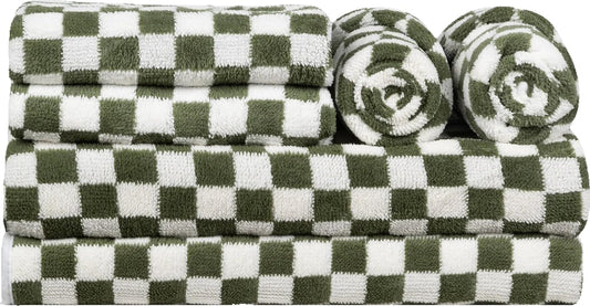 Checkered Bath Towels Set of 6 Large, Microfiber Shower Towels * 2 (55.12"*27.56"), Hand Towels * 4 (29.52"*13.77"),Towels for Bathroom、Pool、Hotel, Spa, Soft Absorbent Quick-Dry（Green）