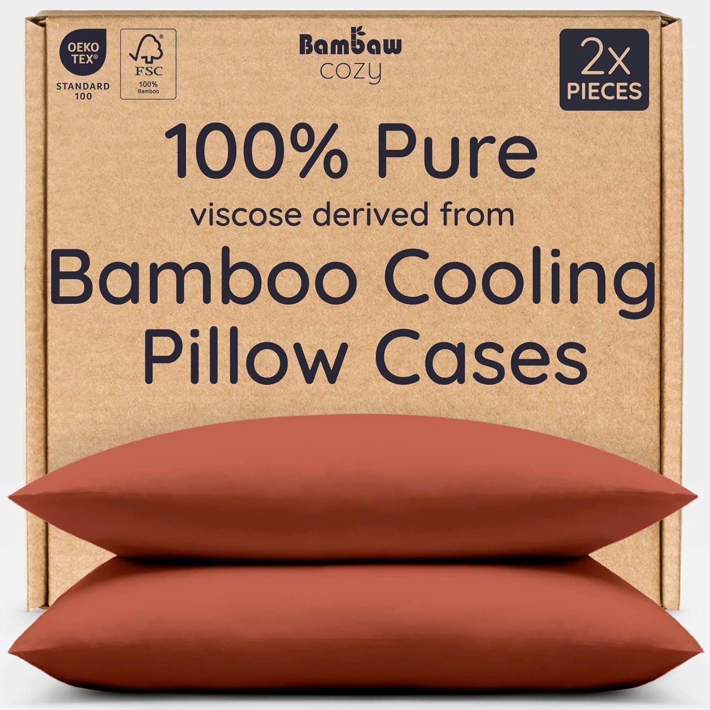 Bambaw 100% Viscose Derived from Bamboo Pillowcases Standard Size – Set of 2 Cooling Pillow Cases Standard Size, Breathable & Soft Pillow Case with Envelope Closure, Anti Acne Pillowcase (Terracotta)