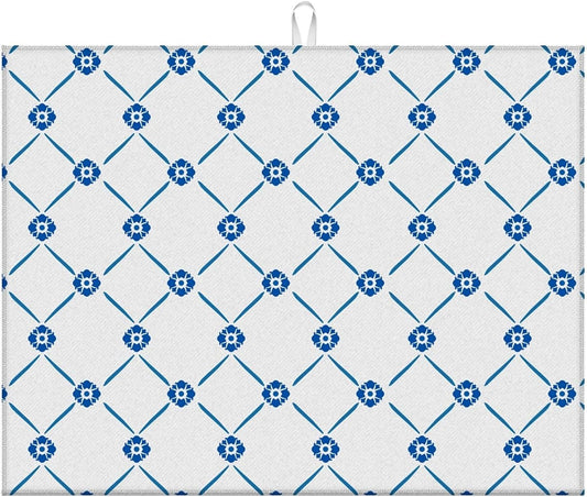 Dish Drying Mat For Kitchen Counter, Blue Floral Microfiber Absorbent Dish Drainer Rack Pad Reusable Large 18x24in Drying Mat