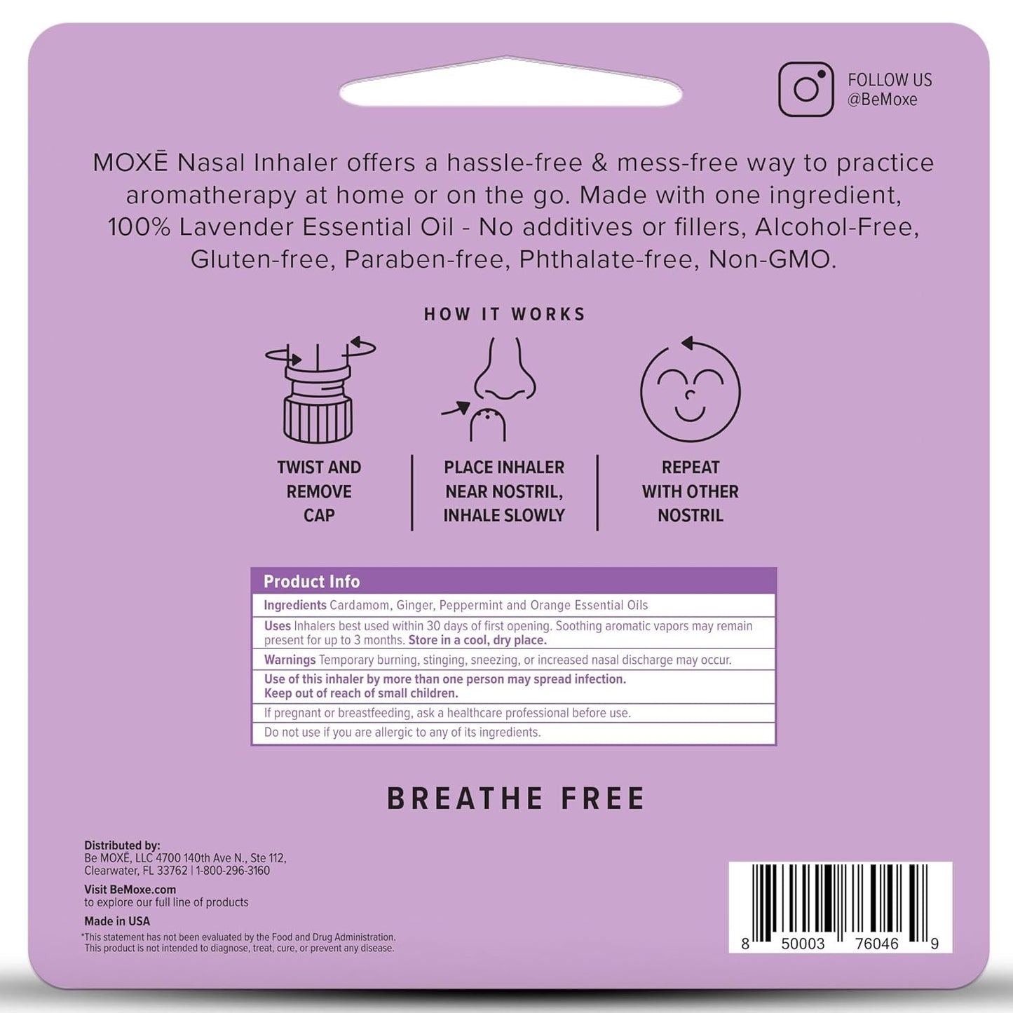 MOXE Lavender Essential Oil Nasal Inhaler, Therapeutic No-Mess Aromatherapy, Relaxation, Naturally Calming, Before Sleep Routine, Uplifts Mood, Pure and Undiluted, Made in USA (1 Pack)