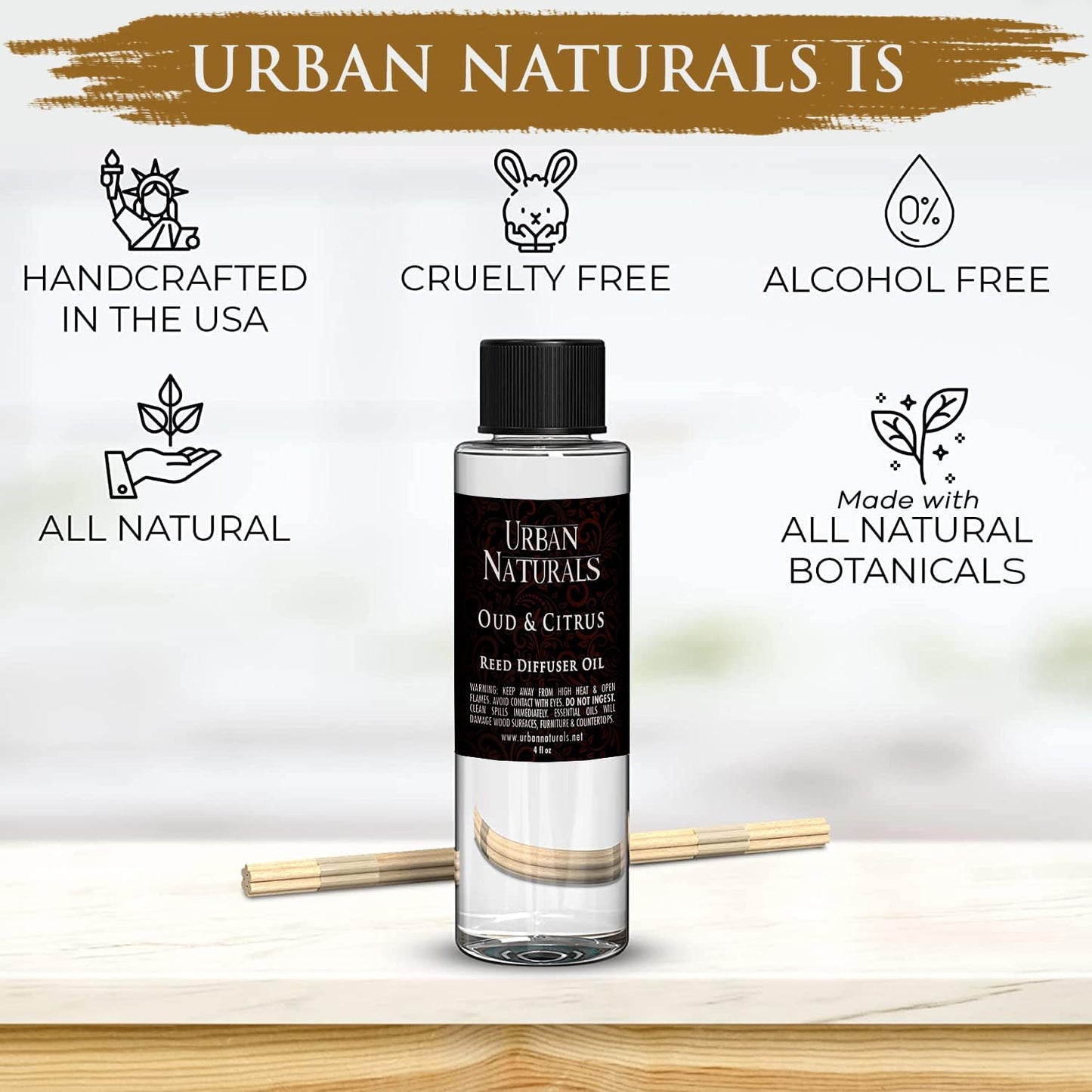 Urban Naturals Reed Diffuser Oil Refill, Oud & Citrus Diffuser Oils with Oud, Cedar, Citrus, Amber, 4 oz + Free Reed Sticks, Made in The USA