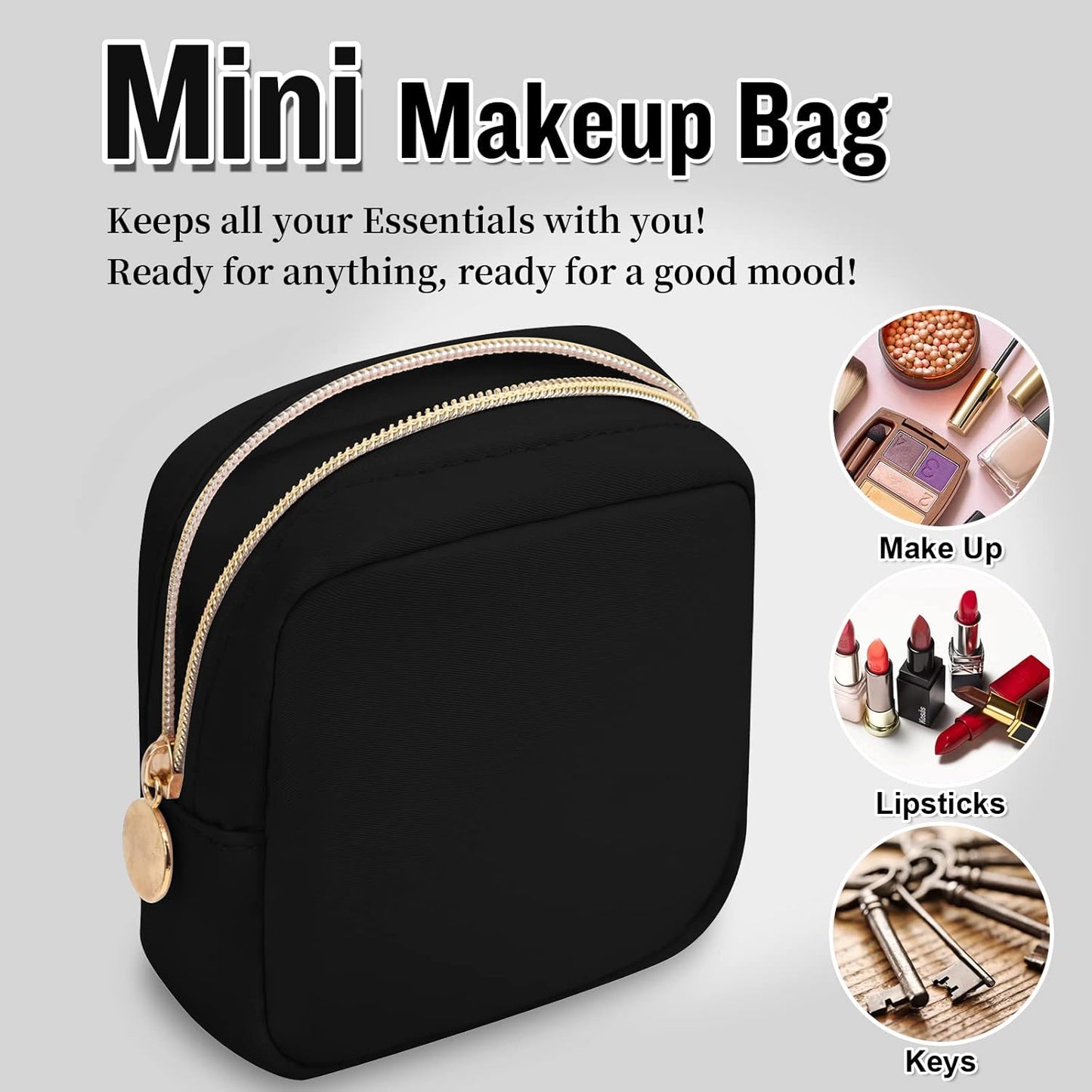 Nylon Mini Makeup Bag for Purse, Preppy Small Cute Black Makeup Bag Cosmetic Zipper Pouch Purse, Waterproof Travel Coin Pouch Sanitary Napkin Storage Bag Clutch Makeup Organizer for Women Girls(Black)