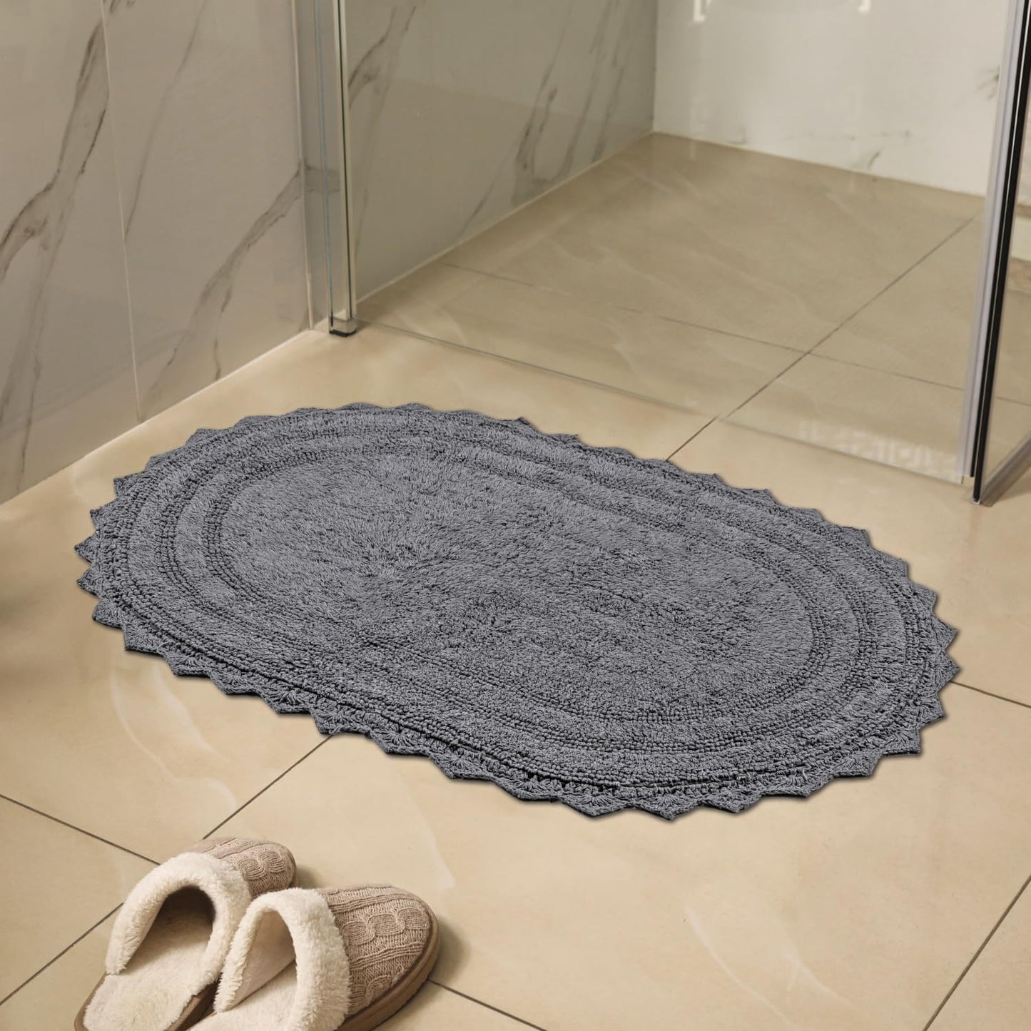 RAJRANG Grey Oval Crochet Bath Rug | 24x17 Inches Cotton Reversible Mat for Bathroom, Kitchen or Spa | Soft, Absorbent, Boho-Inspired Home Accent