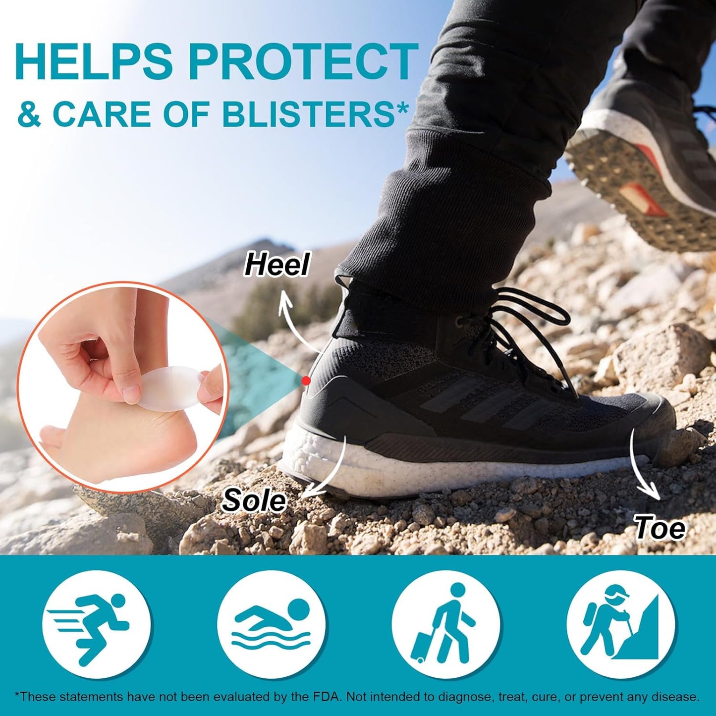 Gel Blister Bandages for Feet, 30ct Water-Resistant Hydrocolloid Bandages for Foot, Toe, & Heel, Blister Pads for Prevention & Recovery