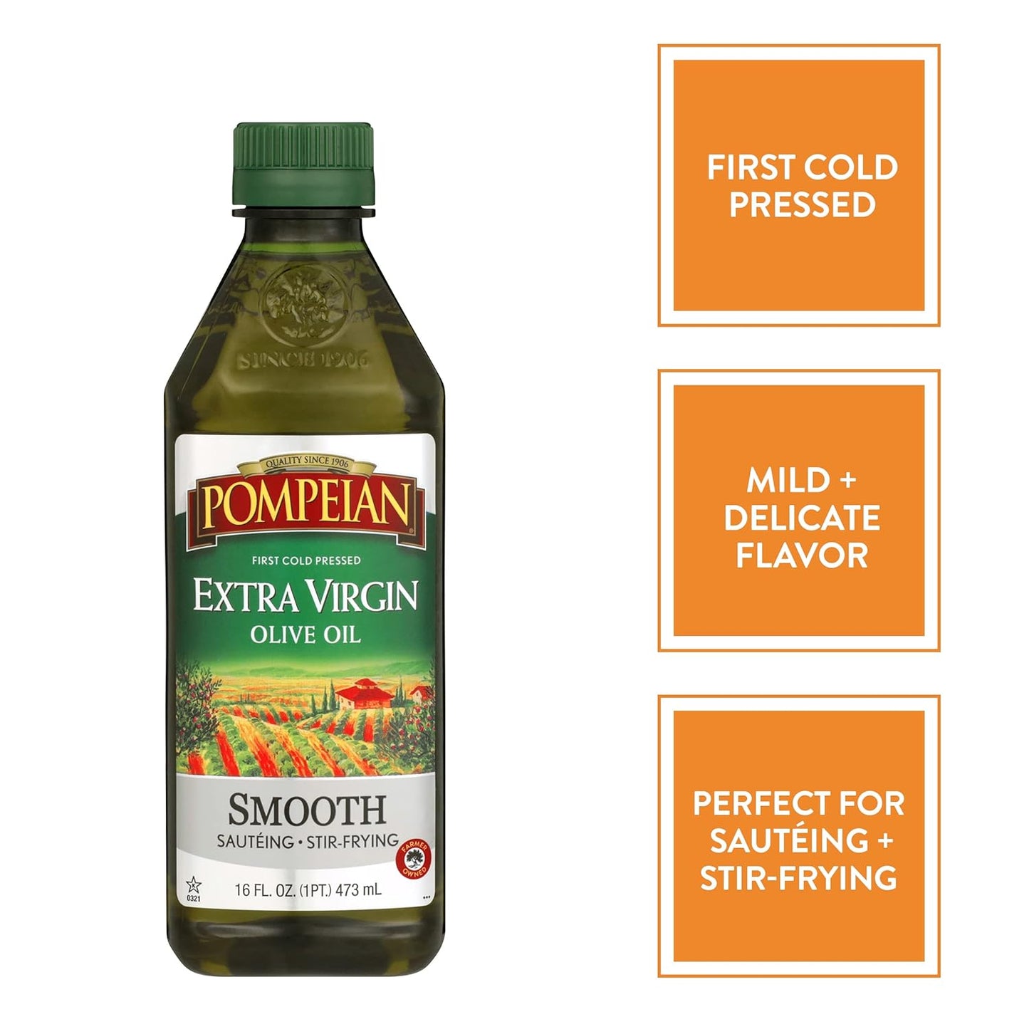 Pompeian Smooth Extra Virgin Olive Oil, Contains Polyphenols, First Cold Pressed, 16 FL Oz