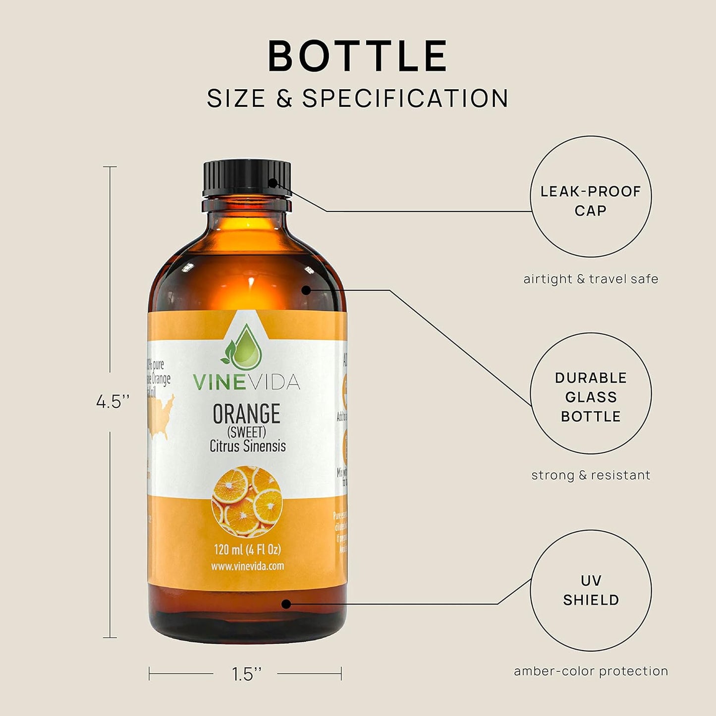 VINEVIDA Orange Sweet Essential Oil 4 oz - Undiluted Orange Oil 4 oz - Orange c- DIY Candle Scents for Candlemaking - Bulk Essential Oil for Soap Making Safe for Skin (4OZV-OBP-ORA-SWT-120ML)