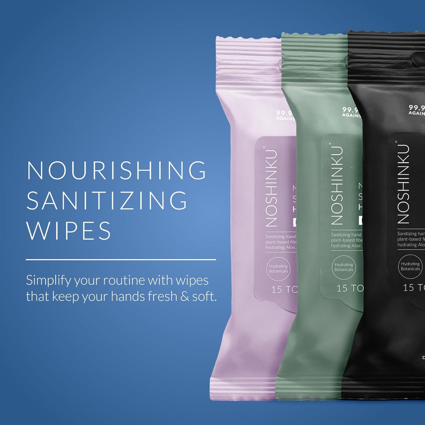 Noshinku Discovery Hand Sanitizer Wipes, 3-Pack (45 Towelettes) – Resealable Travel Wipes with Ethyl Alcohol, Aloe & Green Tea, Plant-Based Fiber, Essential Oil Scents, Cruelty-Free & No Dyes