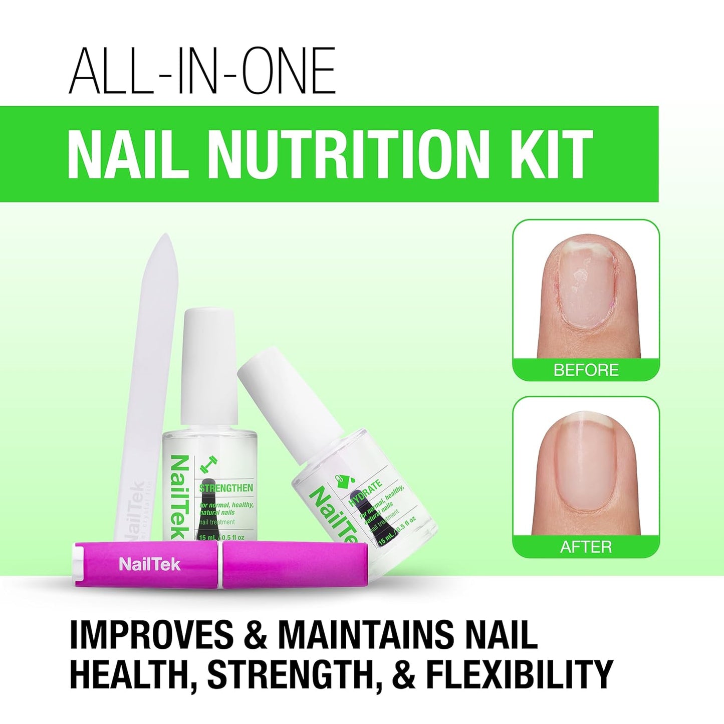 Nail Tek Nutrition Kit – Nail Strengthener and Growth Polish Treatment with Mini Crystal File, Nail-Repair for Damaged Nails, 2 x 0.5 fl oz