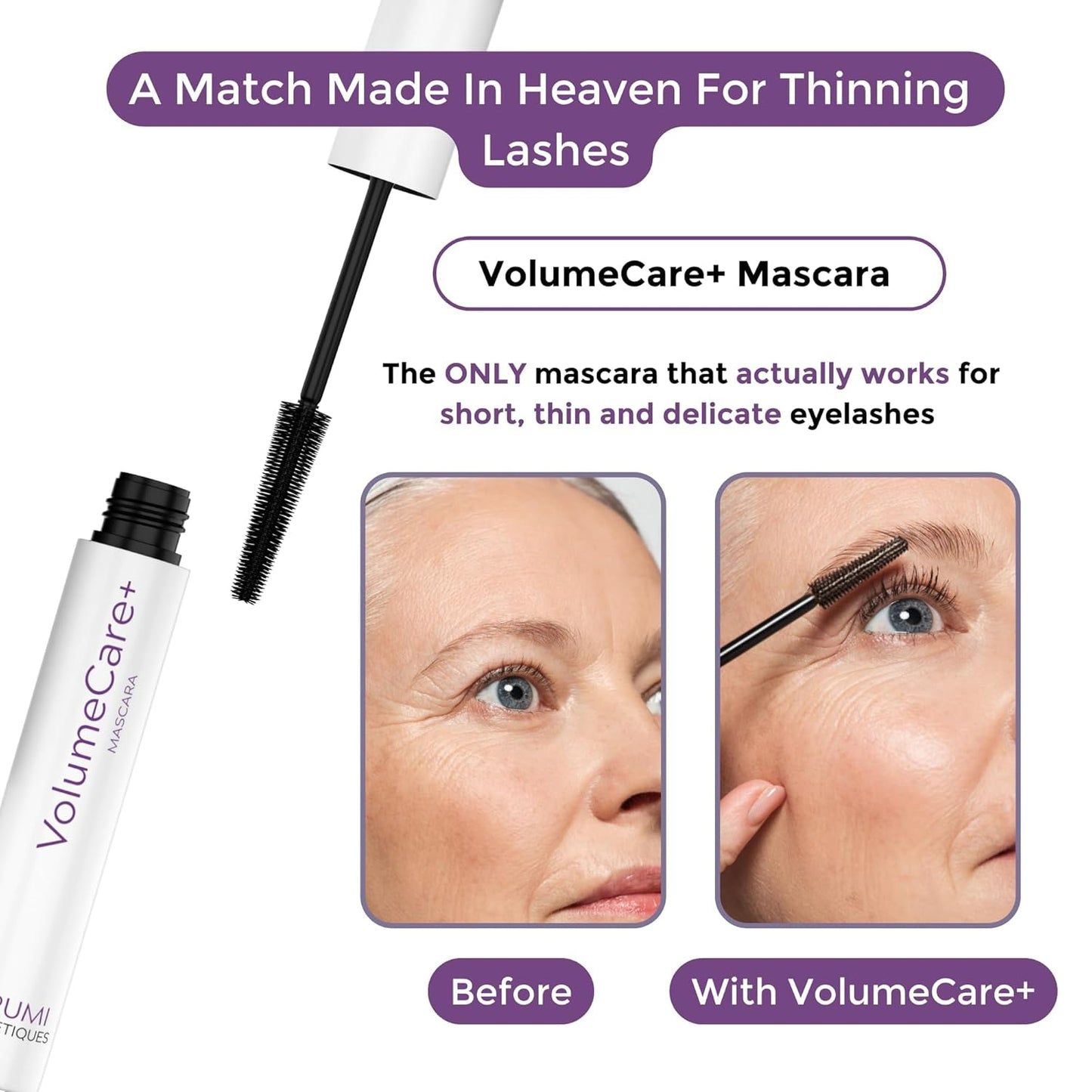 VolumeCare+ Mascara For Older Women - Extreme Length and Volume 2-in-1 Formula - No Clumps, Long-Wearing, Hypoallergenic Mascara For Sensitive Eyes (Natural Black)