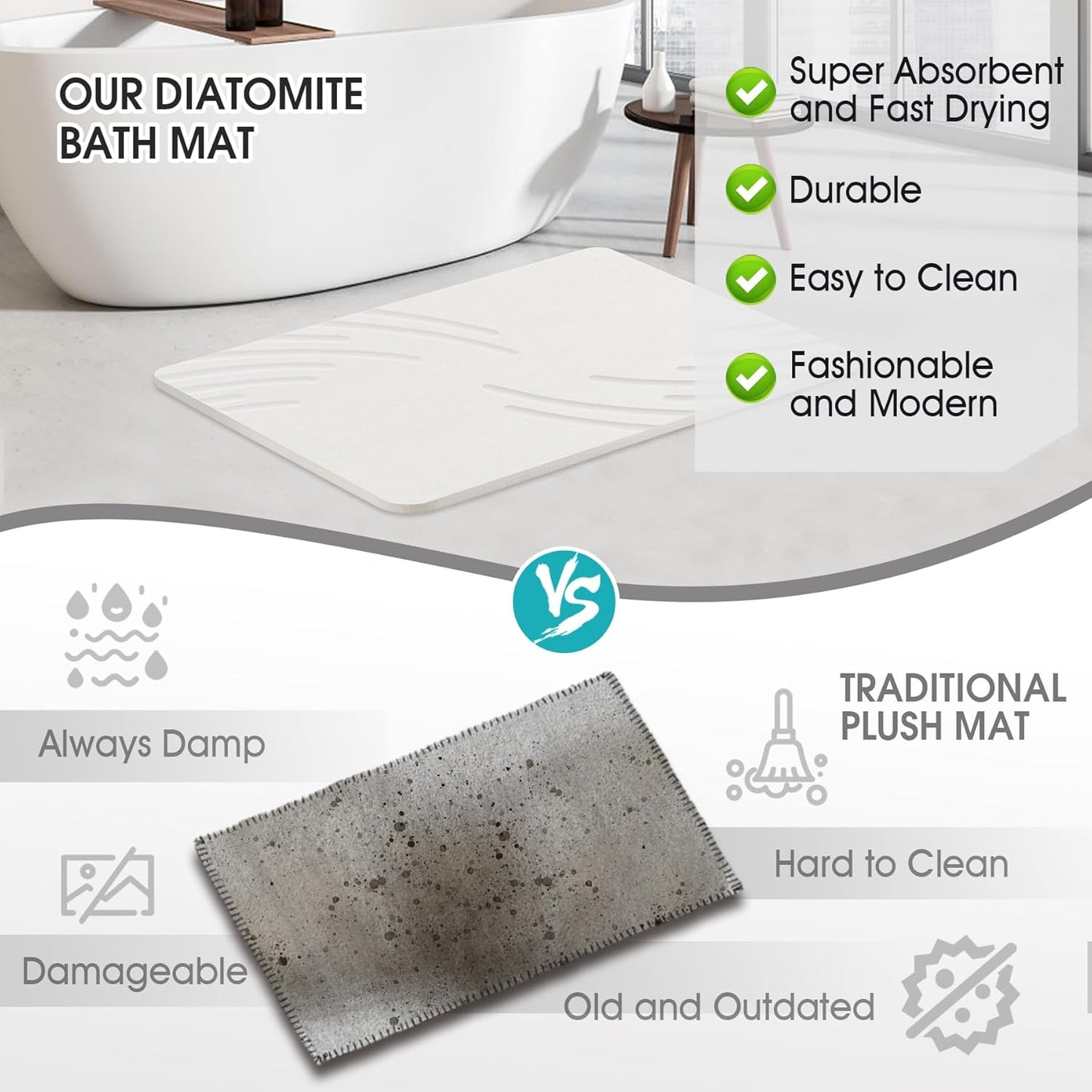 Stone Bath Mat Diatomaceous Earth Shower Mat Super Absorbent Non-Slip Diatomite Stone Bath Mats for Bathroom Floor Quick-Drying Natural Easy to Clean（24 * 16''）