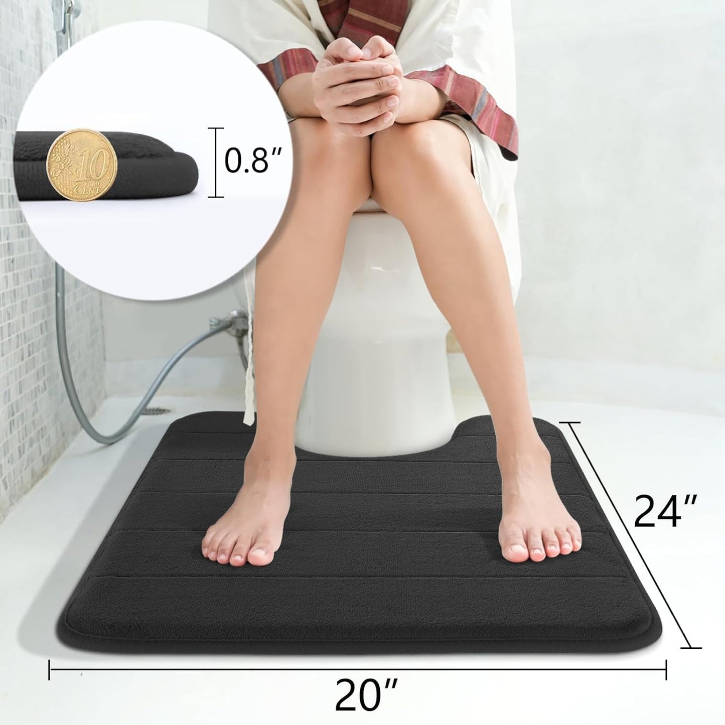 Yimobra Memory Foam Toilet Bath Mat U-Shaped, Soft and Comfortable, Super Water Absorption, Non-Slip, Thick, Machine Wash and Easier to Dry for Bathroom Commode Contour Rug, 24 X 20 Inches, Black