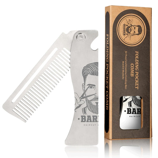 Metal Hair & Beard & Mustache Comb, Multifunctional Folding EDC Pocket Comb With Bottle Opener - Anti-Static for Travel and Everyday Grooming Styling - Silver