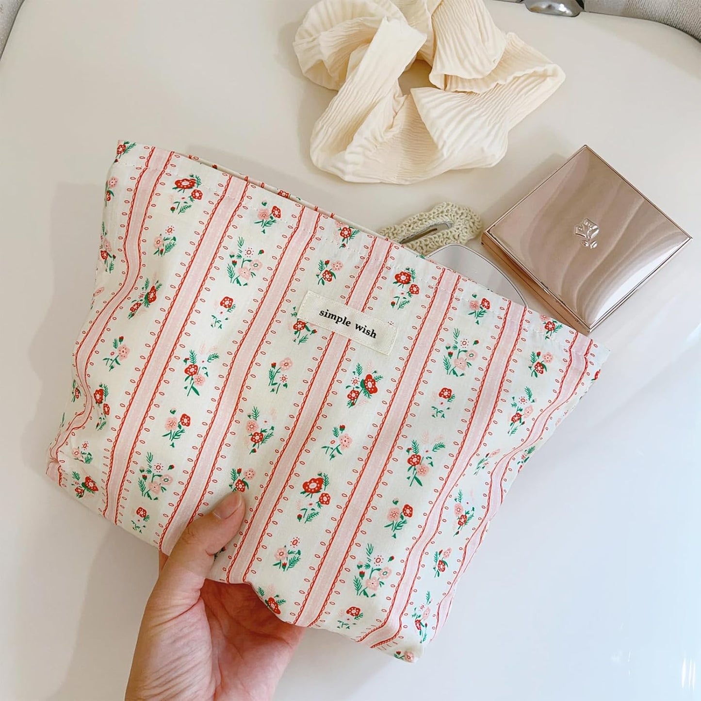 Wudygir Floral Makeup Bag for Women Travel Cosmetic Pouch with Zipper Large Capacity Canvas Toiletry Bag & Aesthetic Canvas Handbag (Pink Striped Floral)