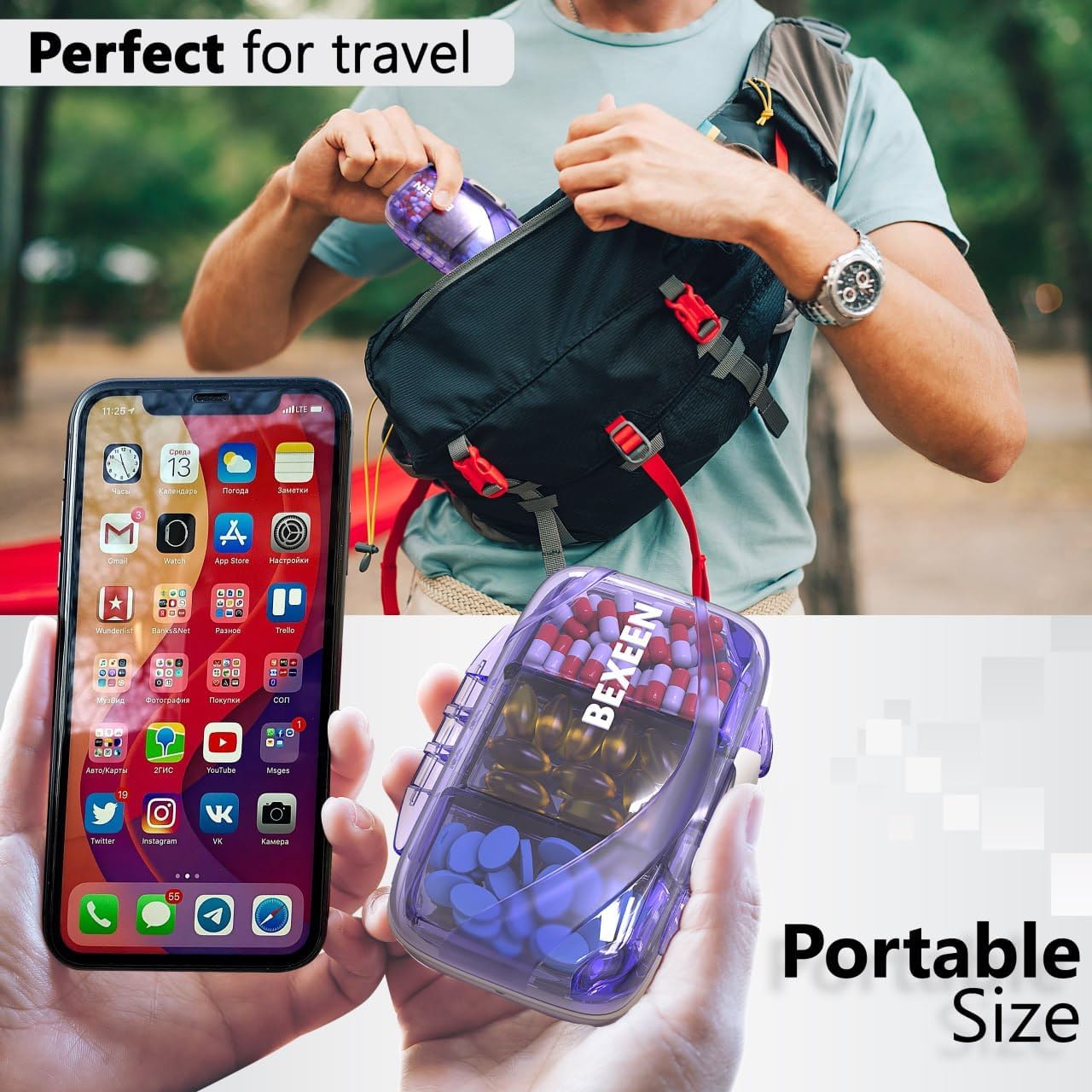 Travel Pill Organizer - Moisture Proof Portable Vitamin Holder with 7 Compartments, Compact Supplement Case for Purse Essential Medicine Kit fot Traveling Pocket Pharmacy with Labels, Purple