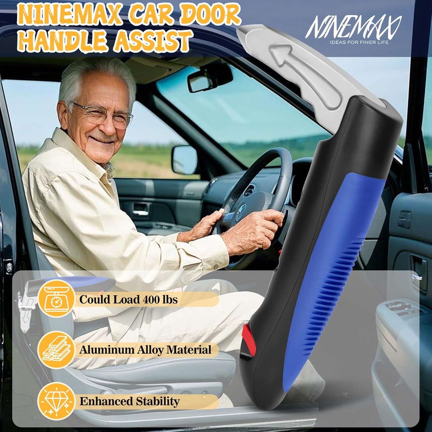 Car Door Handle for Elderly Car Handle Assist Support, Auto Grab Handles, Portable 3 in 1 Car Door Cane for Seniors, Handicap (1 pc with Strap)