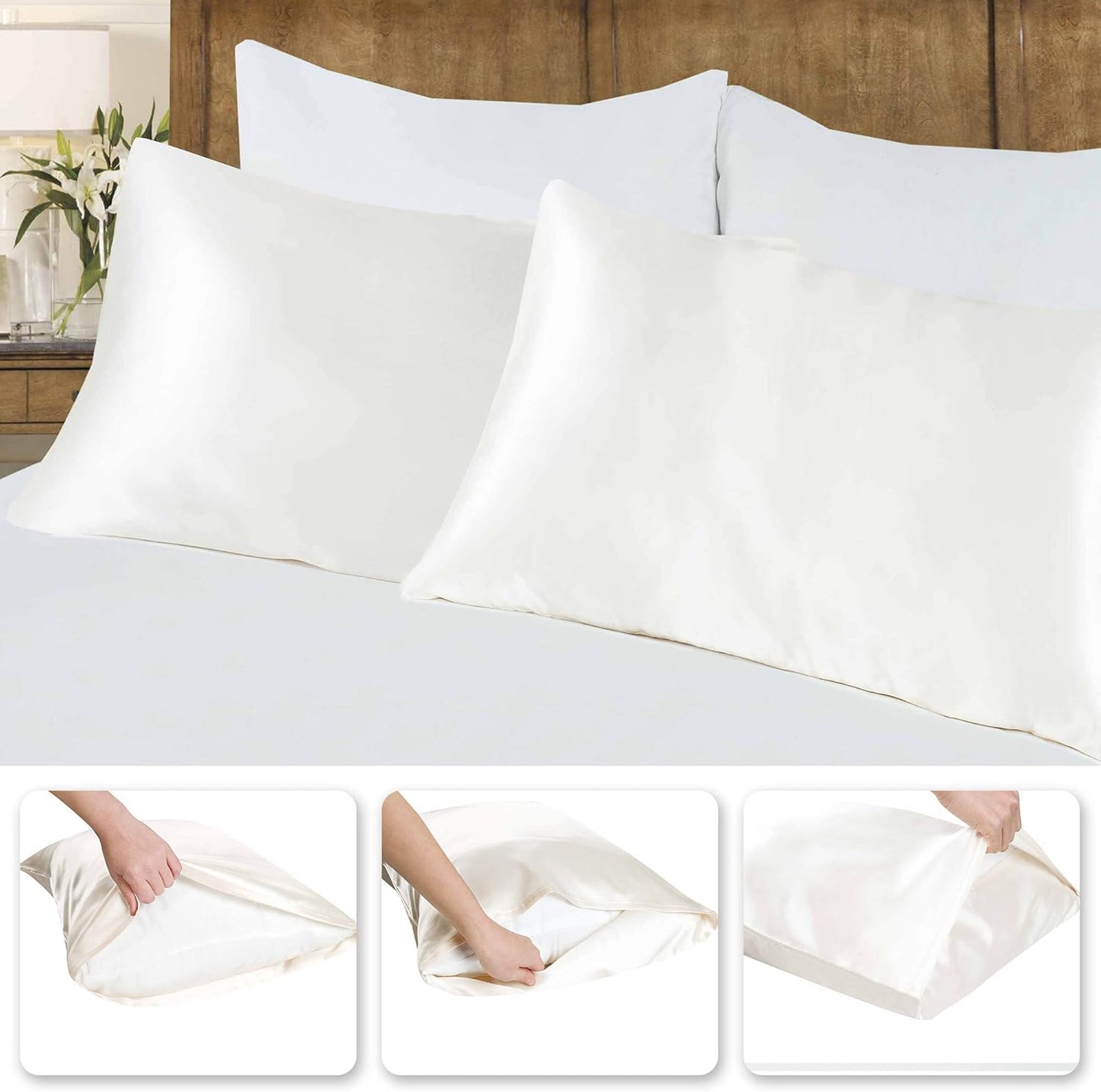 Tyfitb Satin Pillowcase for Hair and Skin, Beige Pillowcases Set of 2, Cooling Pillow Cases King Size(20×36 Inches), Soft Luxury Satin Pillowcase with Envelope Closure