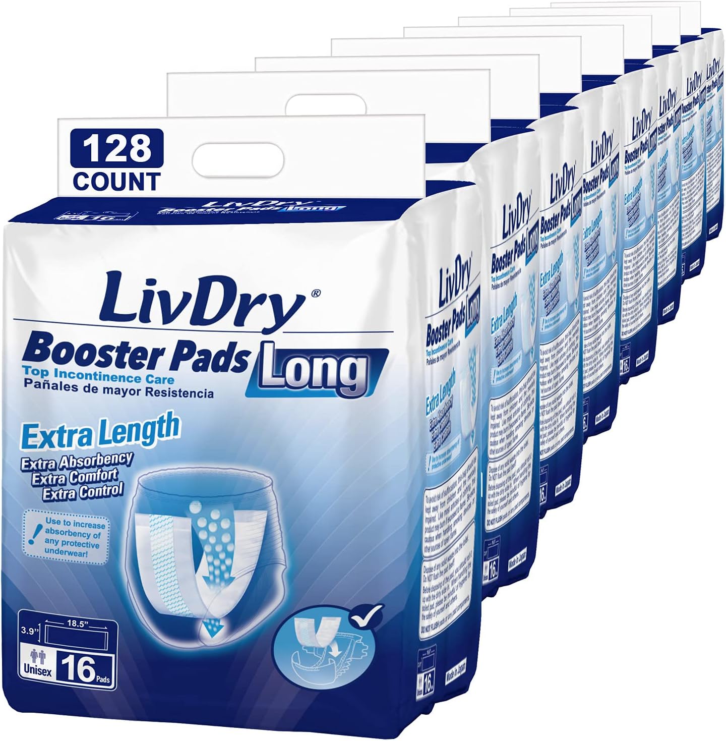 LivDry Incontinence Booster Pads, Use with Adult Diapers for Women and Men, Extra Comfort Softness, Disposable Pad (128 Count, Long Length)