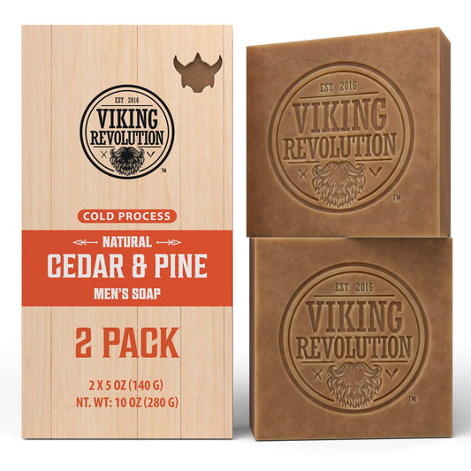 Viking Revolution Cedarwood and Pine Natural Soap for Men - Mens Soap Bar with Essential Oils Cold Pressed Bar Soap for Men - Nourishing Mens Bar Soap with Coconut Oil, Shea Oil, Almond Oil (2 Pack)