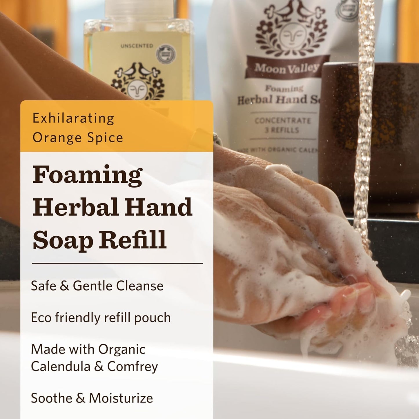 Moon Valley Foaming Hand Soap Refill Pouch, Two-Pack Orange Spice Soap, Vegan and Non-GMO, Environmentally Friendly Option