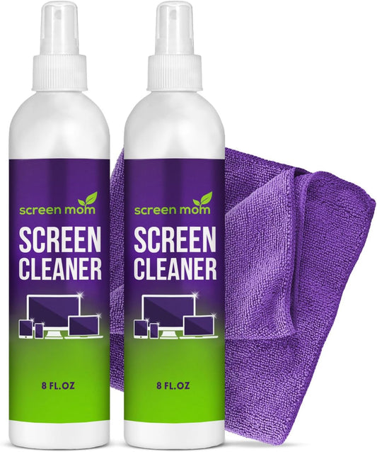 Screen Cleaner Spray and Microfiber Cloth 2-Pack (2x8oz) by Screen Mom-Screen Cleaner Spray and Wipe for TV, Computer, Phone, iPad, Car Screen Cleaning Kit Electronic Cleaner Spray