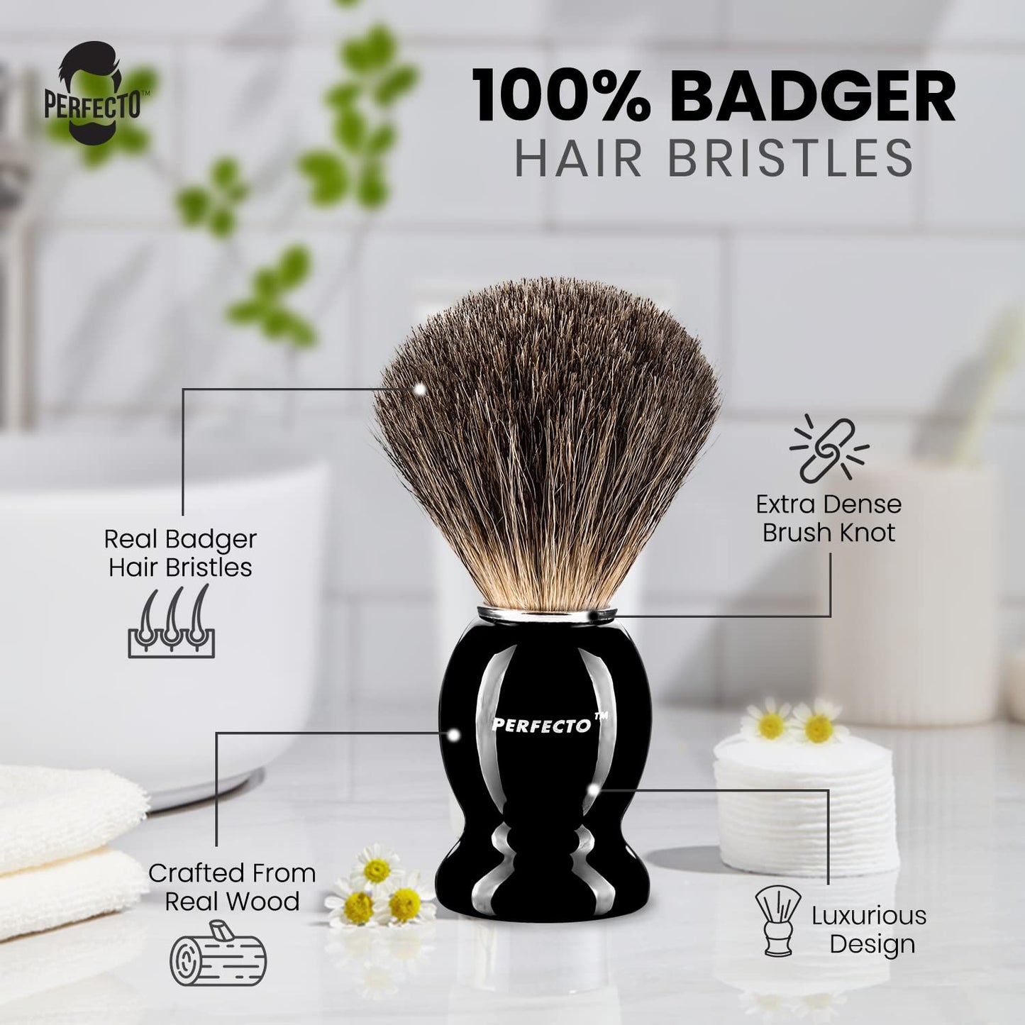 Perfecto 100% Pure Badger Shaving Brush-Black Handle- Engineered for The Best Shave of Your Life. for, Safety Razor, Double Edge Razor, Straight Razor or Shaving Razor, Its The Best Badger Brush.