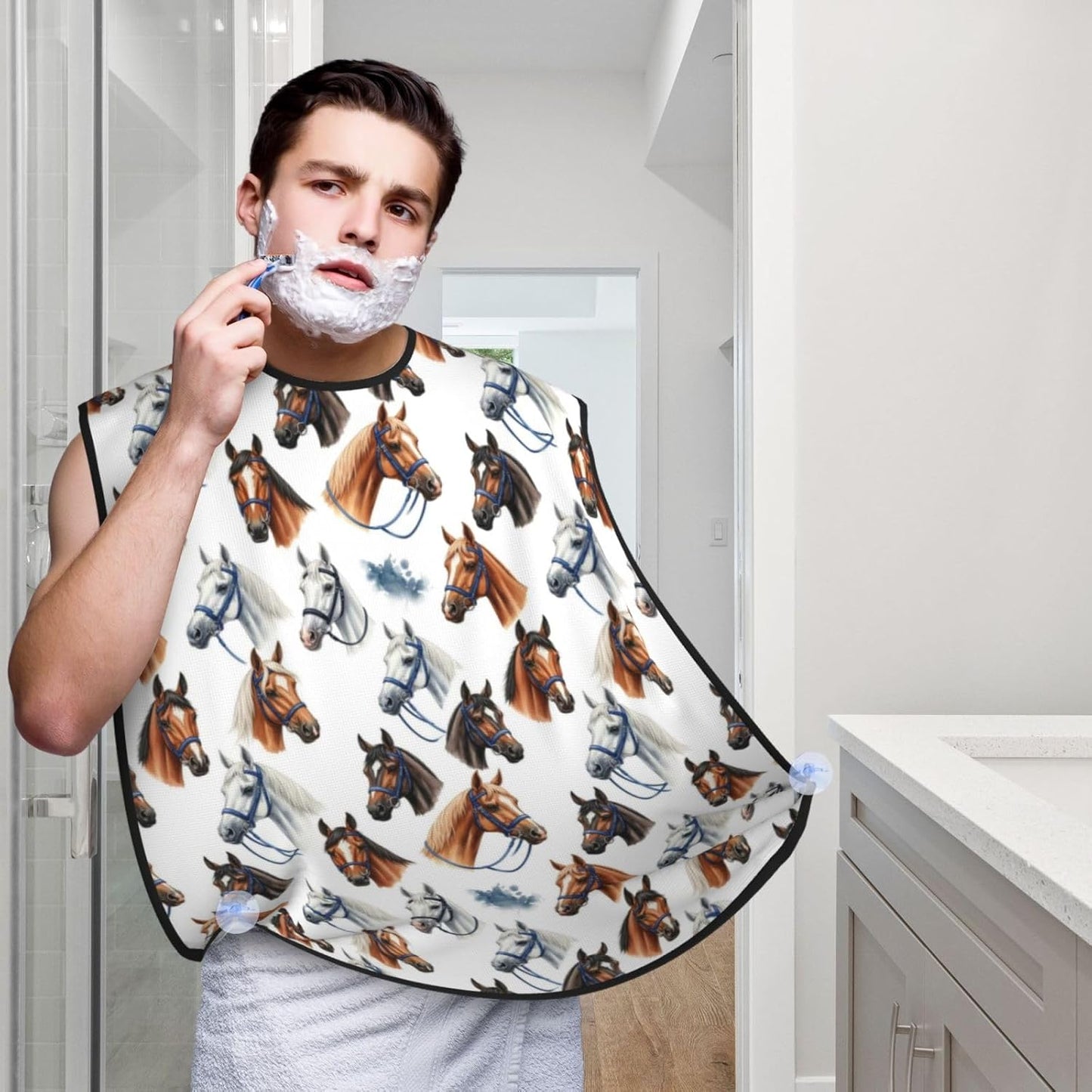 Beard Shaving Cape with Suction Cups, Animal Wild Horse Painting Shave Bib, Non-Stick Waterproof Hair Catcher, Grooming Bib for Men Husband