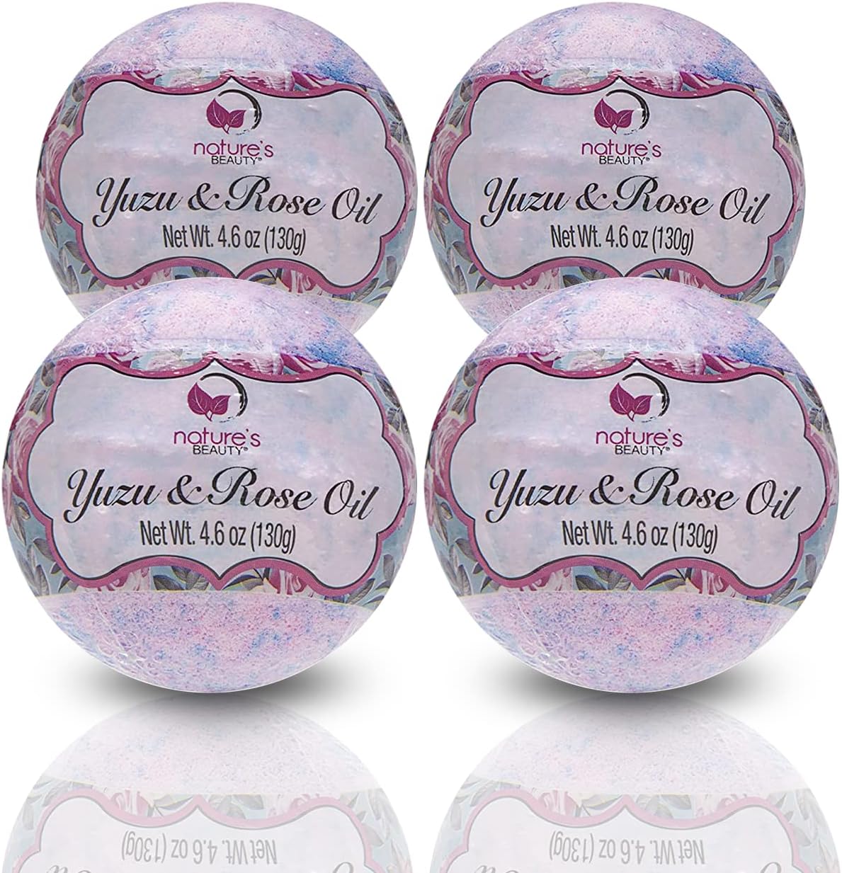 Nature's Beauty Yuzu & Rose Oil Bath Bomb Multi-Pack - Natural Hand Crafted, Non-Staining, Luxury Fizzy Spa Bomb, Nourish Dull + Dry Skin, Made w/Coconut Oil + Witch Hazel, 4.6 oz (4 Pack)