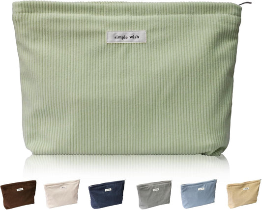 Wudygirl Travel Makeup Bag Portable Cosmetic Bags Large Capacity Makeup Bag Organizer for Women Corduroy Makeup Pouch Pencil Pouch Zipper (Light Green)