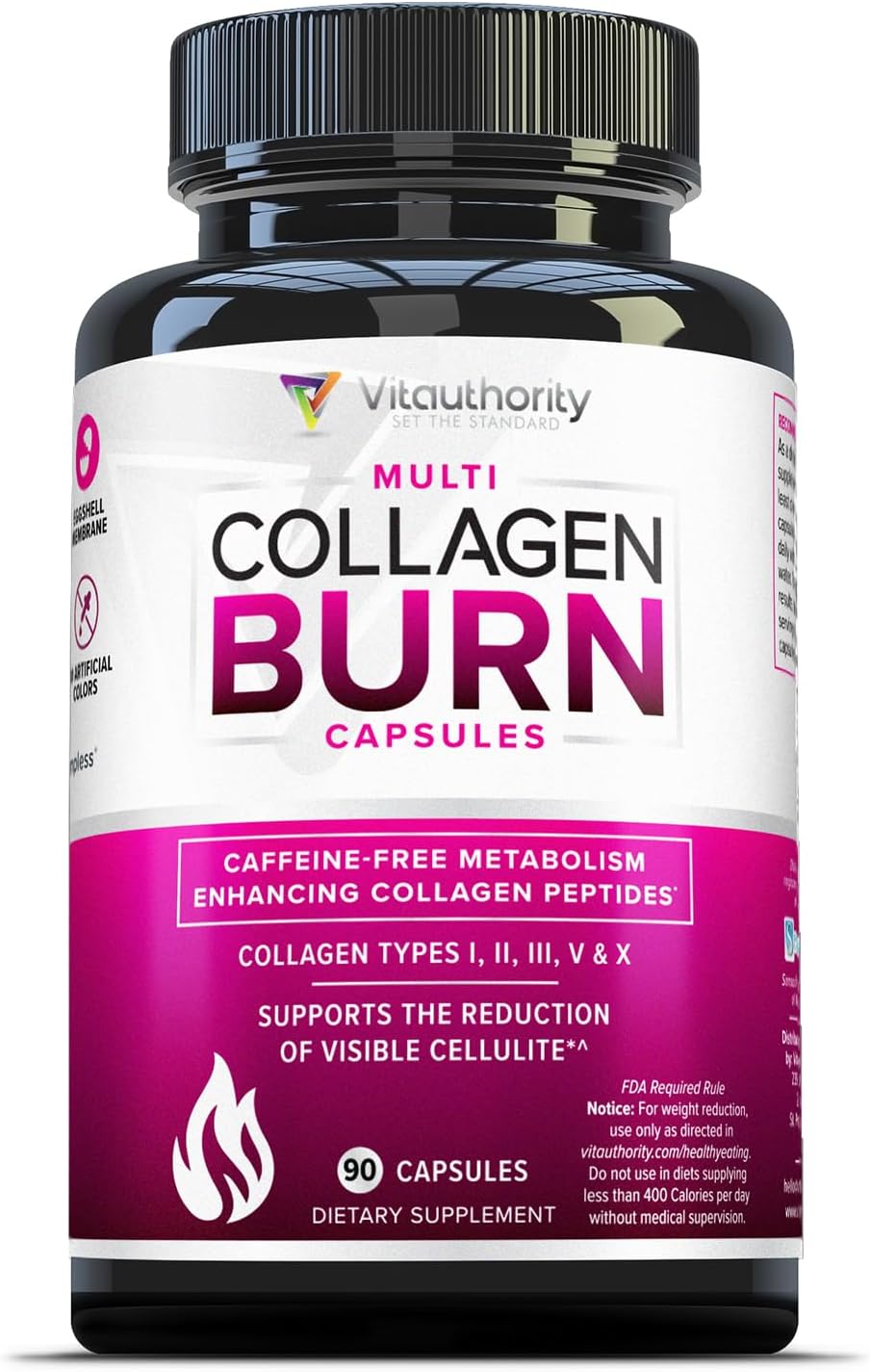 Multi Collagen Burn: Multi-Type Hydrolyzed Protein Peptides with Hyaluronic Acid, Vitamin C, SOD B Dimpless, Types I, II, III, V and X, Caffeine-Free (Unflavored Capsules)