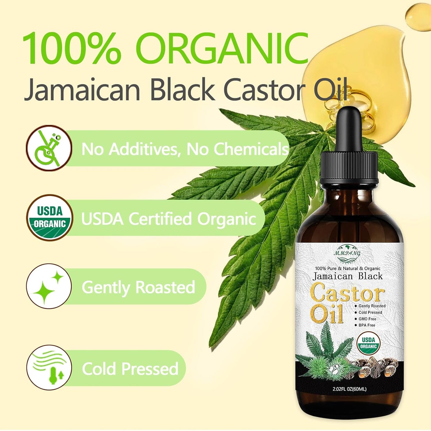USDA Organic Jamaican Black Castor Oil - 100% Pure, Cold Pressed, Hexane-Free & Vegan, 2oz Brown Glass Bottle w/Dropper & Dual Brush for Hair Growth, Thicker Eyelashes, Brows & Scalp Care