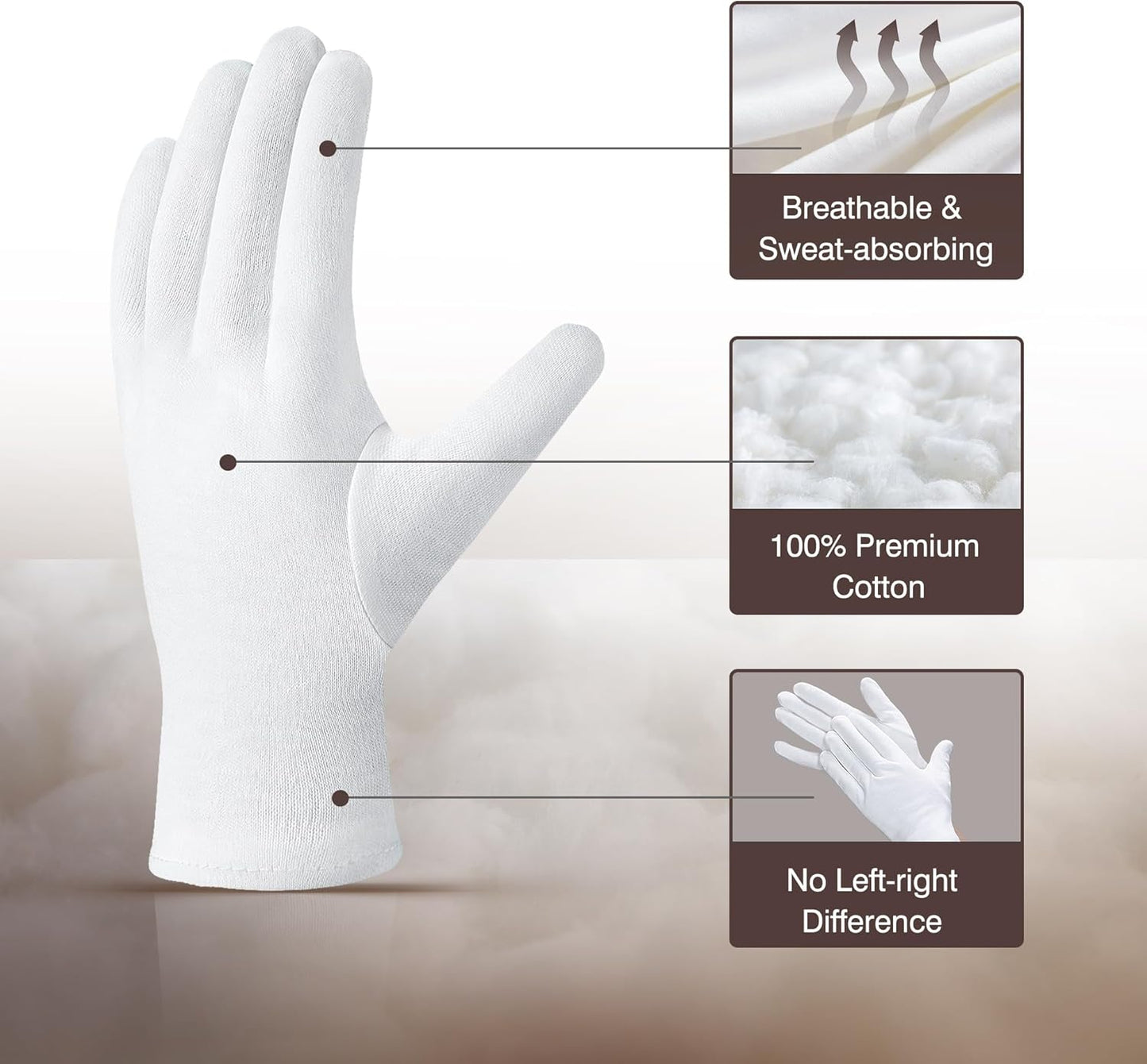 COOLJOB 100% Cotton Gloves, 6 Pairs White Cotton Gloves for Dry Hands Moisturizing & Eczema, Overnight Lotion, Sleep & Spa Treatment for Women & Men, Breathable Work Glove Liners, Medium Size