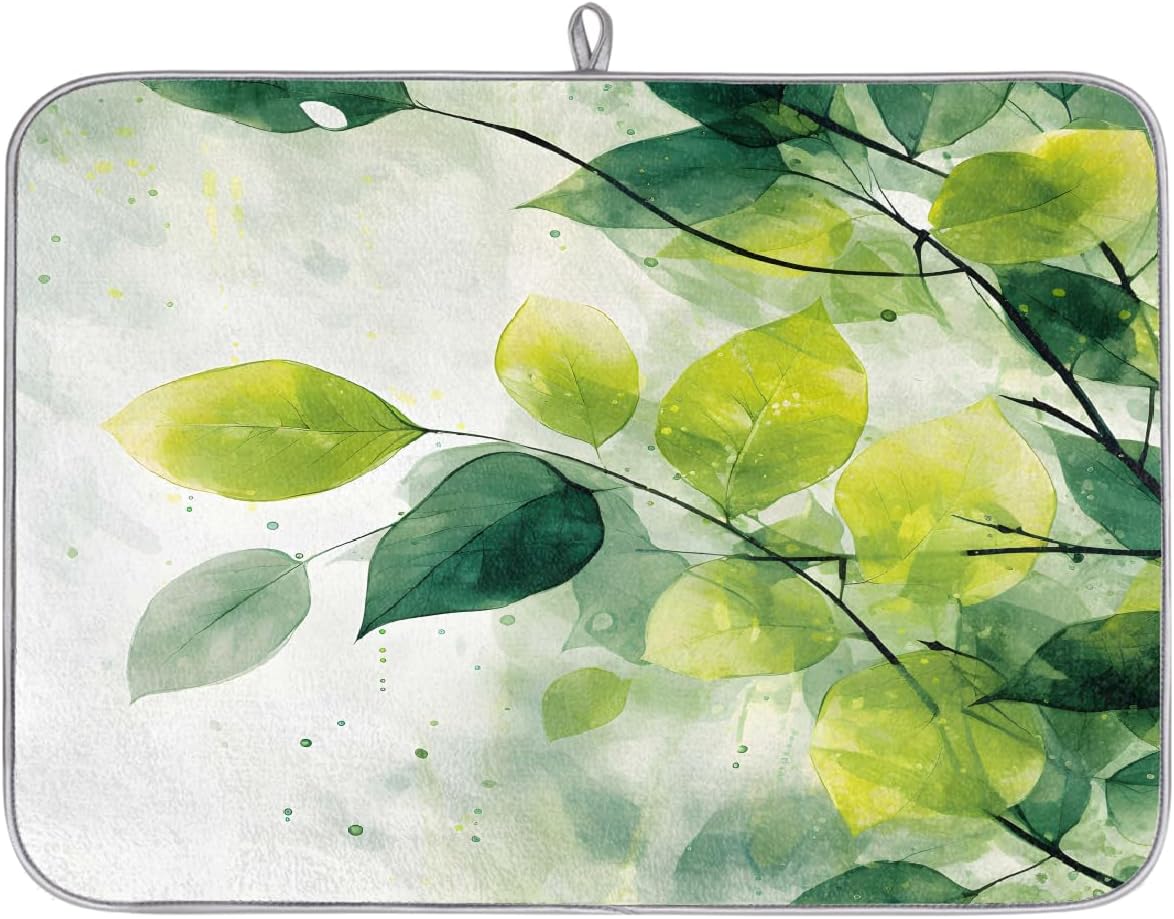 Dish Drying Mat Watercolor Green Leaves Art Large Drying Mat for Kitchen Counter 18x24in Absorbent Dish Drainer Rack Pad, Heat Resistant Coffee Bar Mats Countertop Protector