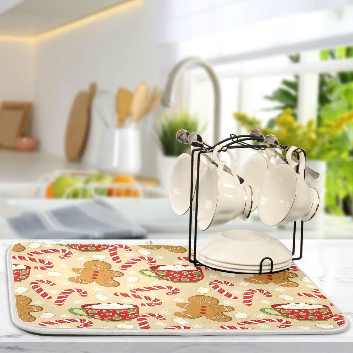 Christmas Gingerbread Man Candy Cane Dish Drying Mat for Kitchen Winter Snow Snowflake Snowman Xmas Microfiber Drying Mats Absorbent Reversible Dish Pad Large Dish Draining Mat 18x24 inch