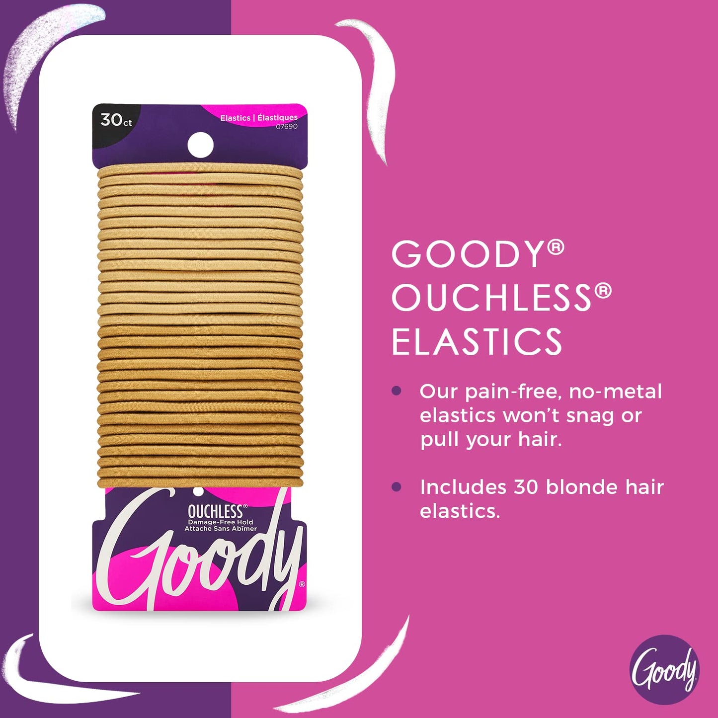 Goody Ouchless Hair Elastics – No Pull, No Breakage, Tangle-Free Hold for Thick, Curly, Coily & Textured Hair – 30 Count, Blonde, Long-Lasting Ponytail Holders for Women & Men