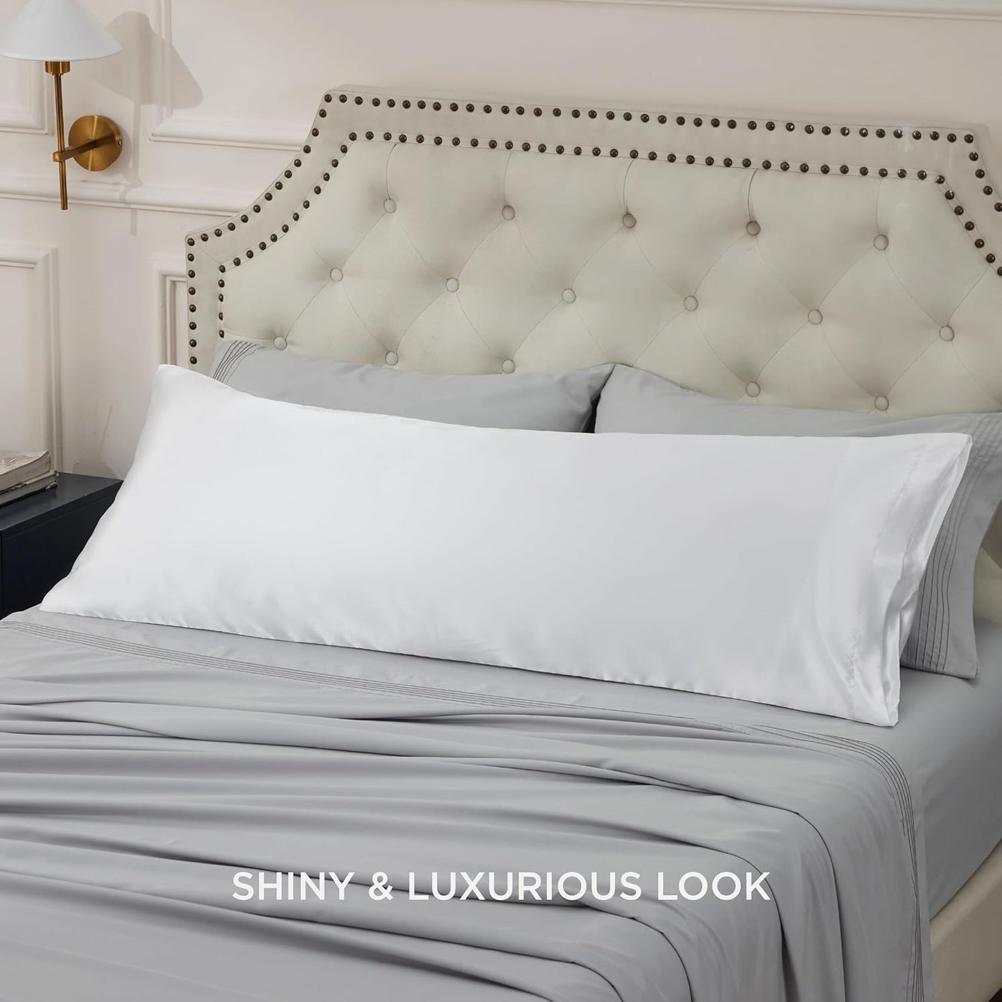 Bedsure Satin Body Pillow Pillowcase - Similar to Silk White Body Pillow Cover Case with Envelope Closure,Cooling and Silky Long Pillowcase for Hair and Skin,20x54 Inches