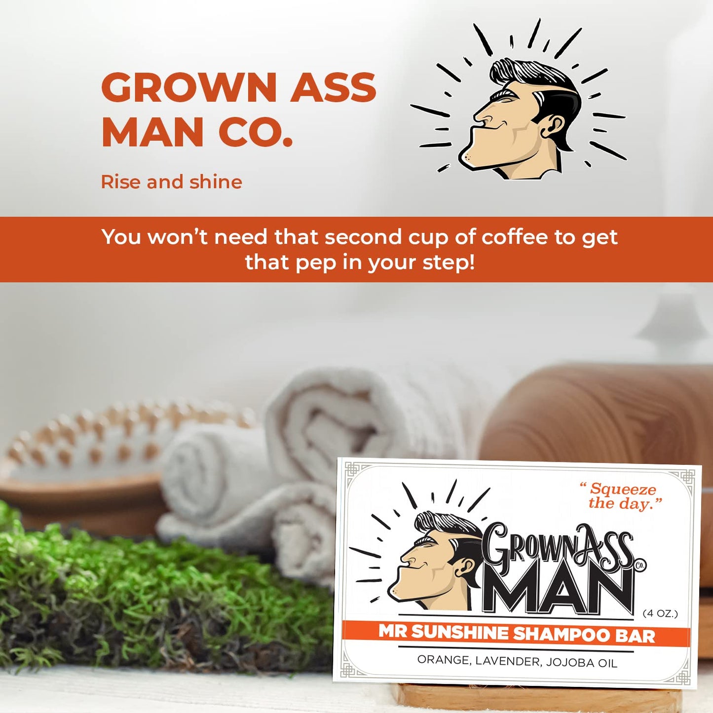 Grown Ass Man Co. - Solid Shampoo Bar Rich Lather 3 in 1: Hair, Beard & Body Wash - Plastic Free & Eco-Friendly, Natural & Organic Clean for All Hair Types, 4oz Bar (Mister Sunshine, 6-Pack)