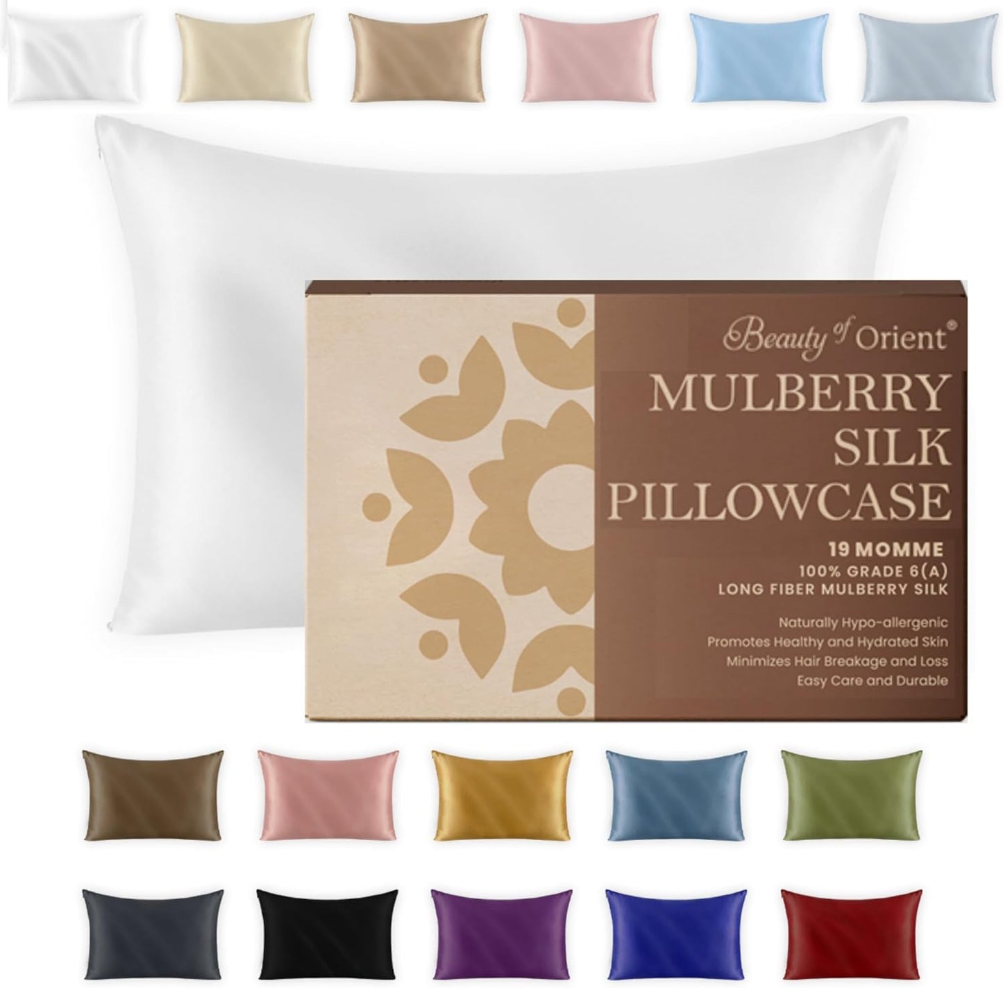 19 Momme Premium Mulberry Silk Pillowcase for Hair and Skin | Handcrafted Hypoallergenic & Anti-Acne White Silk Pillow Cases with Zipper | King - 20" x 36", Natural Undyed White