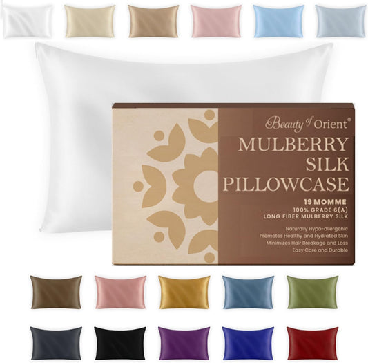19 Momme Premium Mulberry Silk Pillowcase for Hair and Skin | Handcrafted Hypoallergenic & Anti-Acne White Silk Pillow Cases with Zipper | Queen - 20" x 30", Natural Undyed White