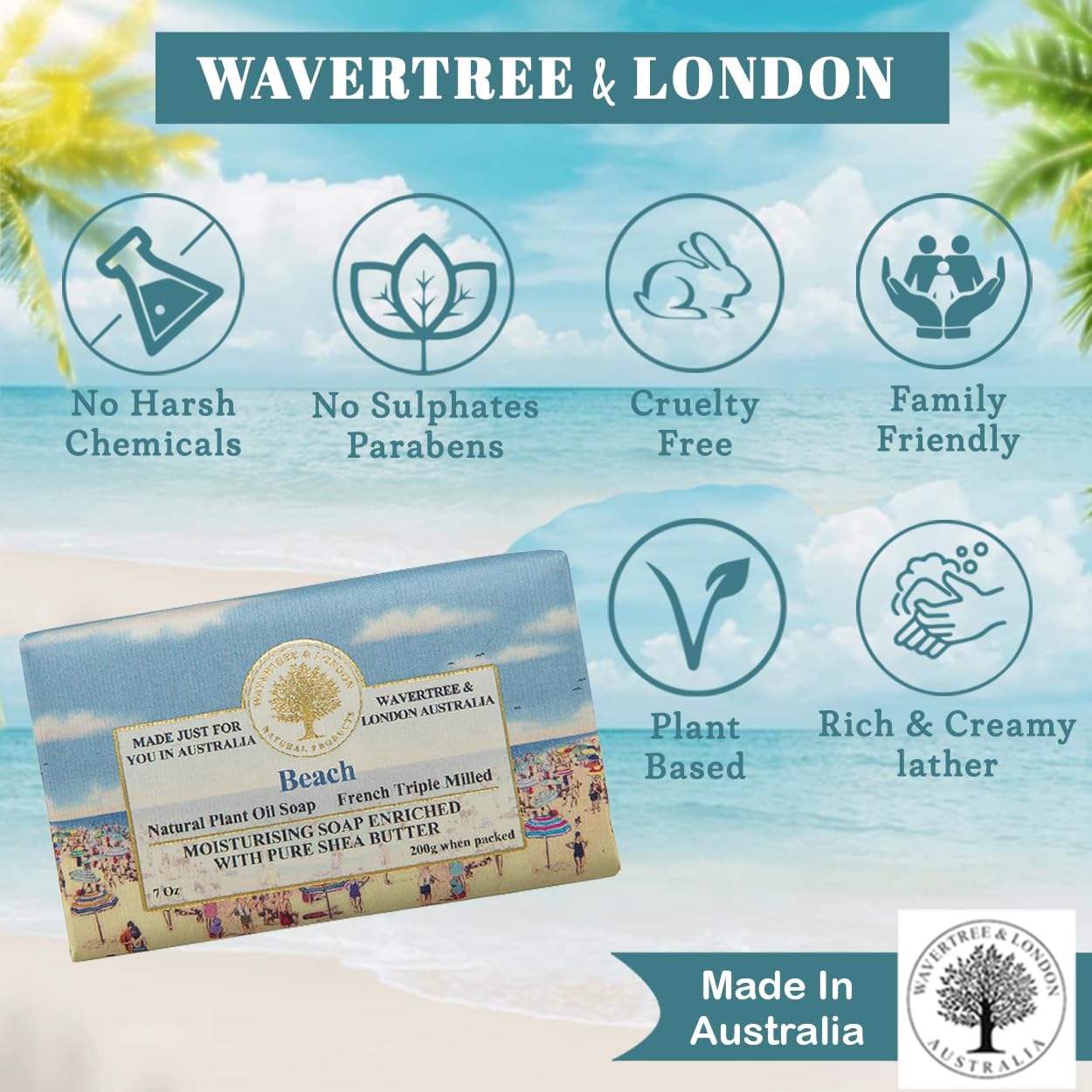 Wavertree & London Beach Scented Natural Soap Bar, 7oz Moisturizing French Triple Milled Soap Bar for Women & Men enriched with shea butter - Pure Bath & Body soap bar for All Skin Types